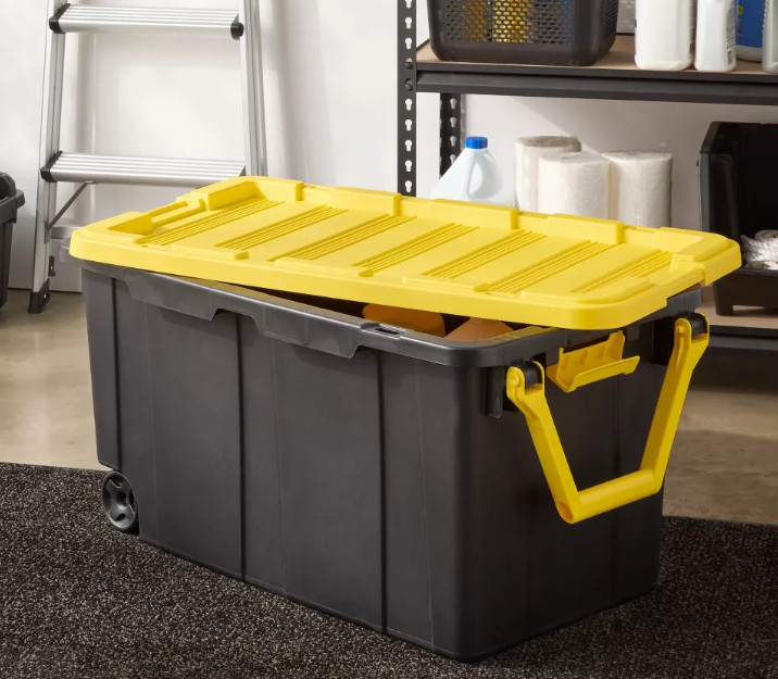 40 Gal Rolling Storage Tote Yellow – Heavy Duty Wheeled Organizer Bin