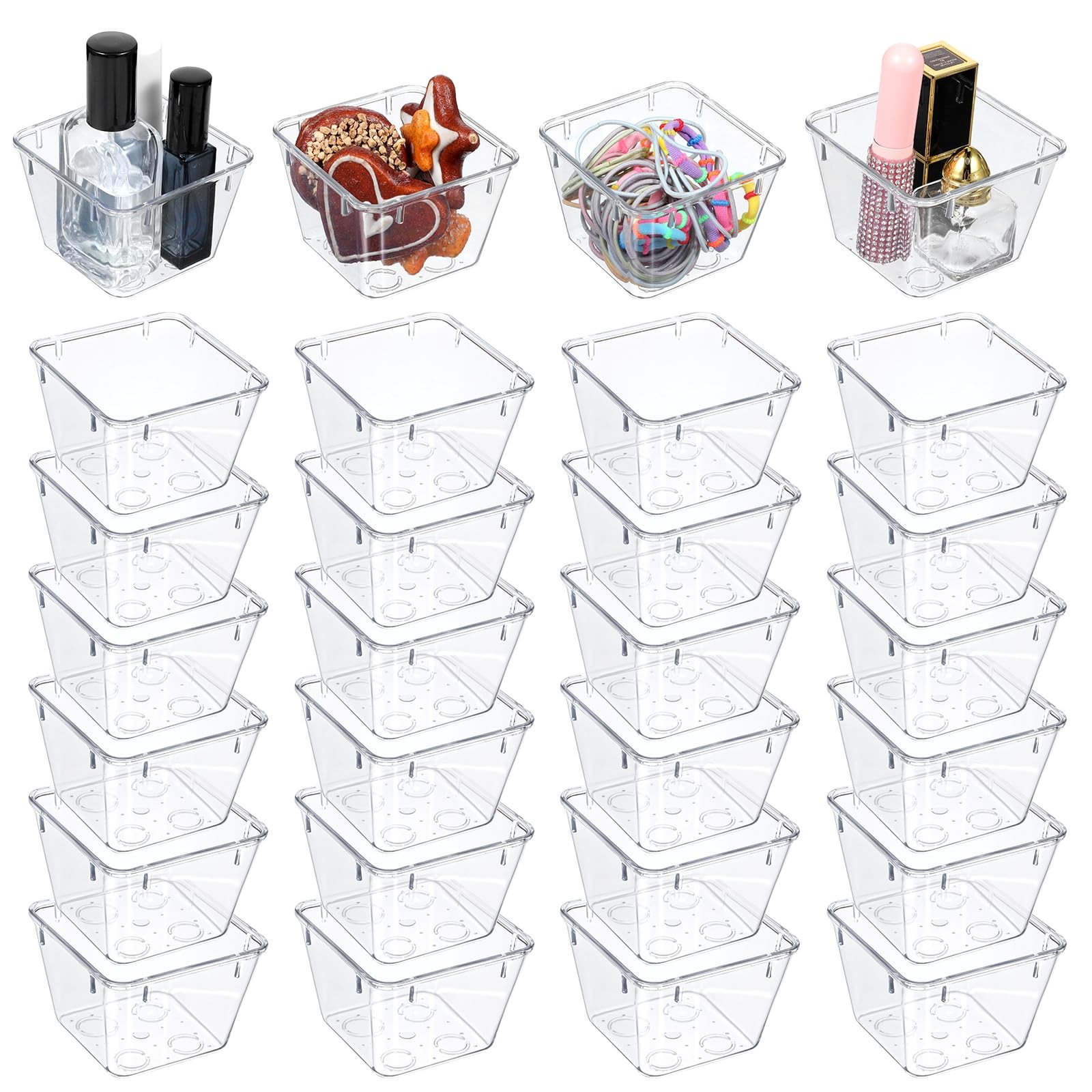 24 Pcs Clear Drawer Organizers 3x3x2 Inch Stackable Small Makeup Vanity Bins