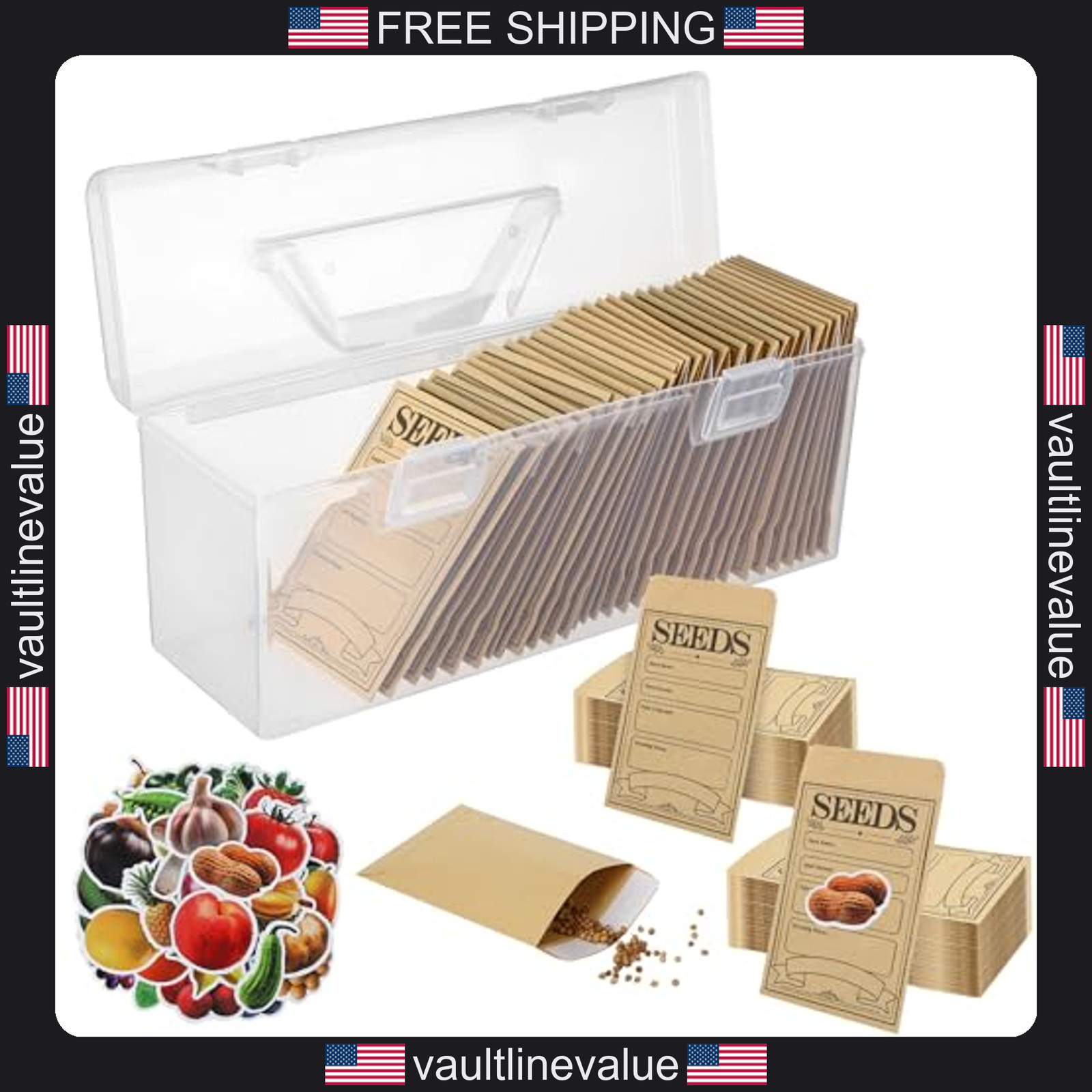 Plastic seed storage organizer box with handle, 200 envelopes and 50 stickers