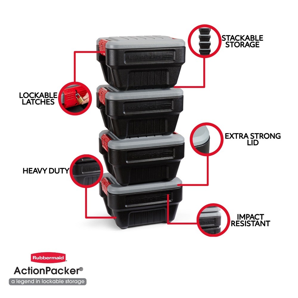 8 Gallon Action Packer Storage Bin, Heavy Duty Plastic, Lockable, Black