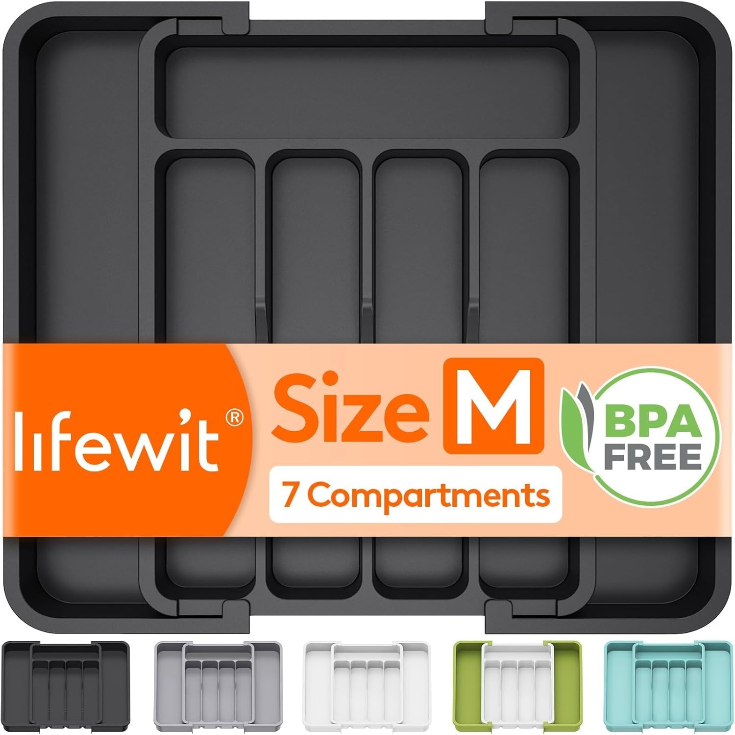 Adjustable Silverware Drawer Organizer – Elegant Black, 8.9-14.7 x 12.2 Inches