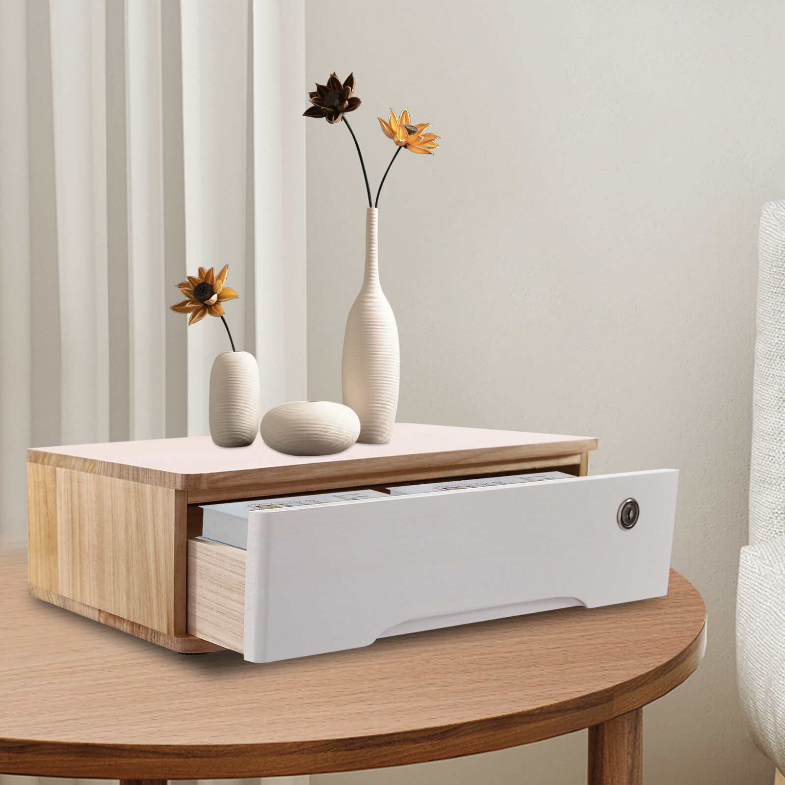 Desktop Storage Box w/ Lockable Drawer Wooden Office Supplies Drawer Organizer