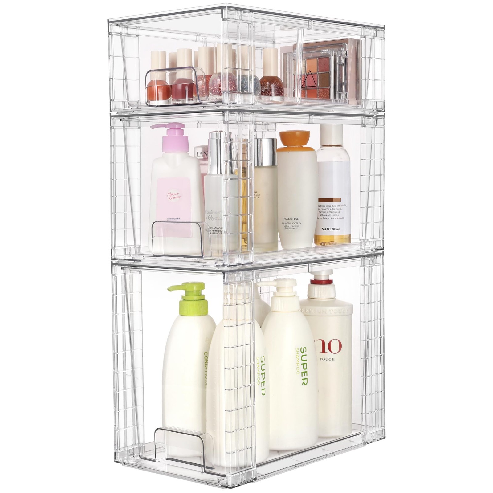 3 Pack Clear Stackable Storage Drawers – Easy Assemble Bathroom Organizers, Plas