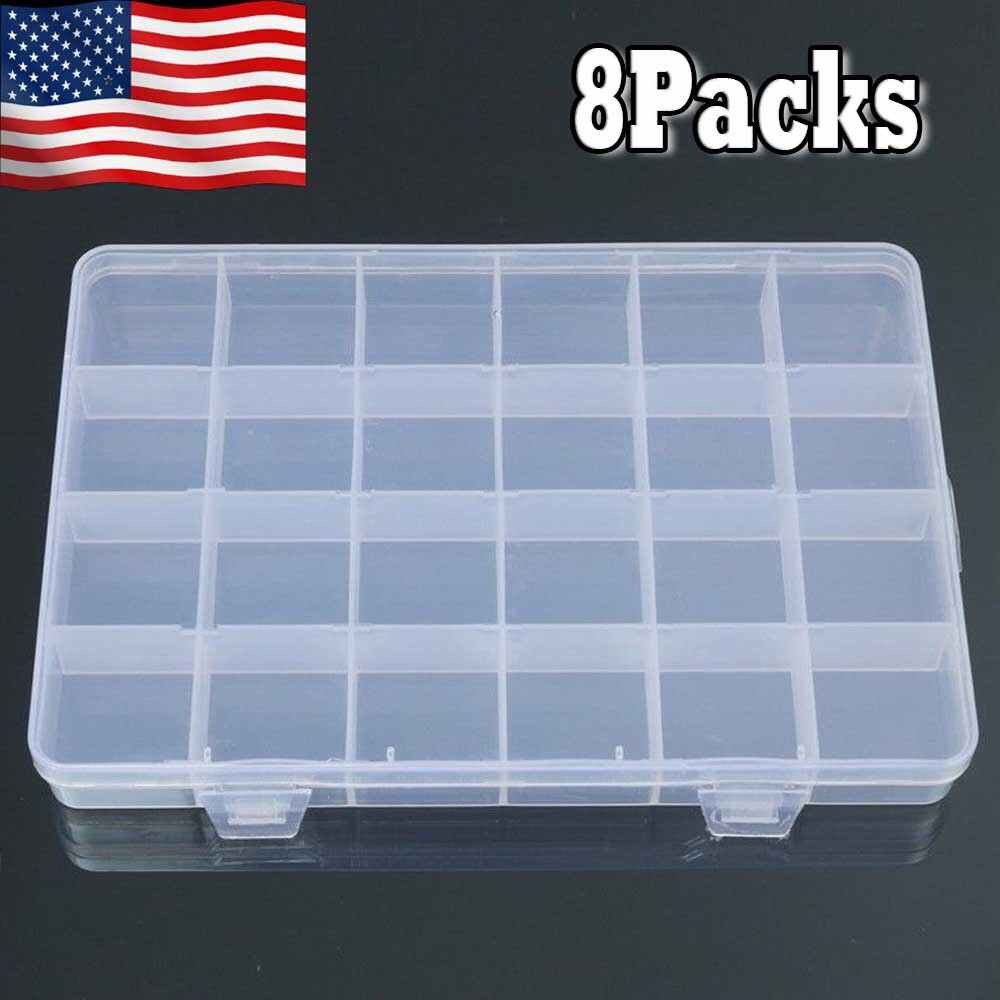 8pcs 24 Compartments Plastic Box Case For Jewelry Bead Storage Container Craft+