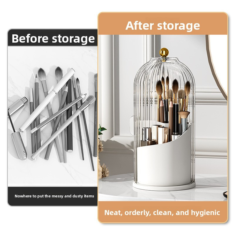 360° Rotating Makeup Organizer with Lid, Non‑Slip Base, Divided Brush Holder