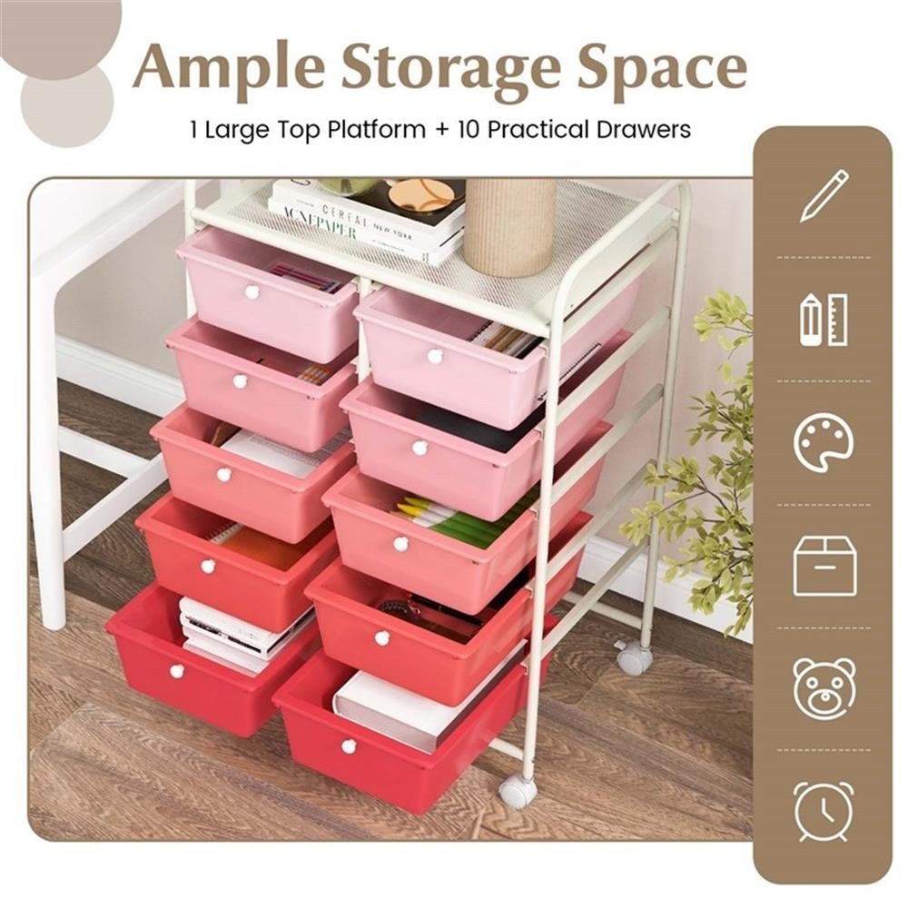 Pemberly Row 10-Drawer Storage Cart Utility Rolling Trolley in Pink
