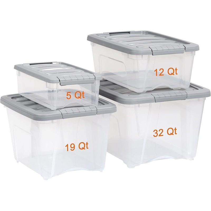Stackable Plastic Storage Bins 5 Quart W/ Latching Lid Clear Bins Organization