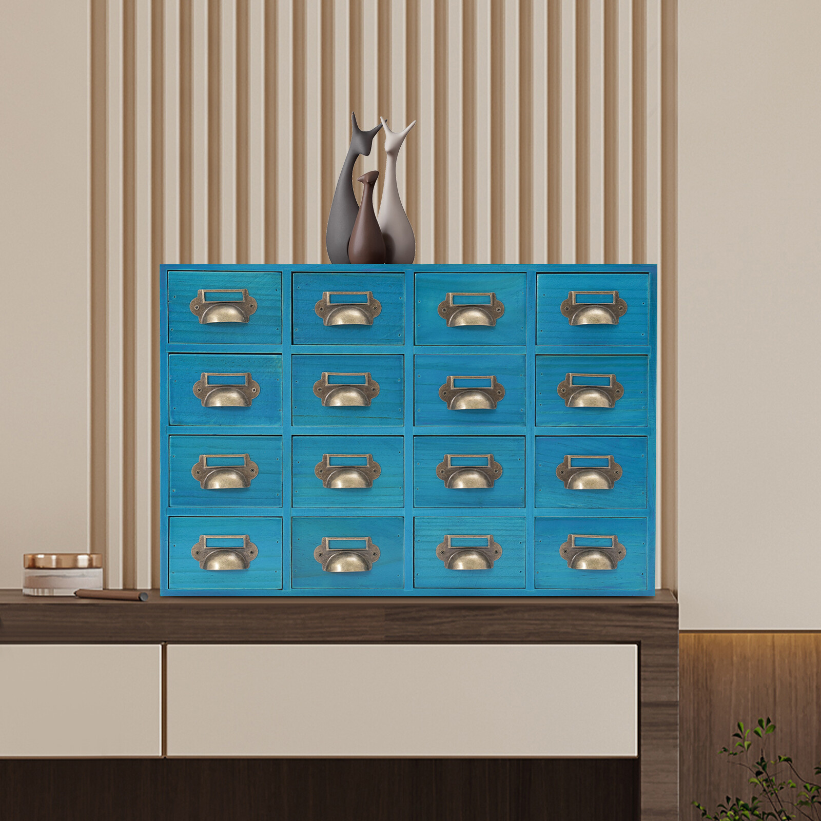 Drawers Storage Cabinet 16 Drawer Cabinet Wooden Medicine Cabinet Blue