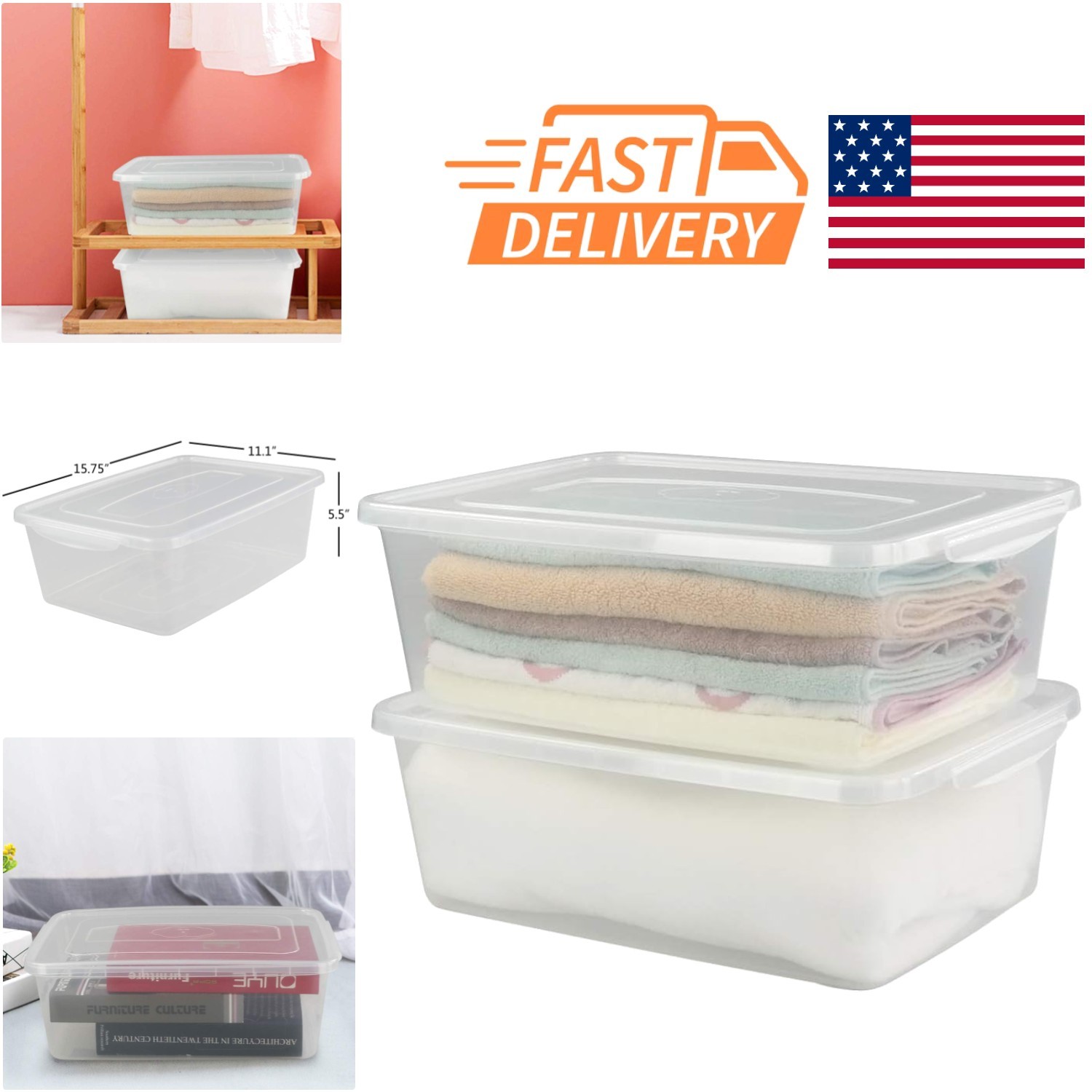 Stackable Clear Storage Bin 16 Quart Plastic Containers with Clip On Lid 2 Pack