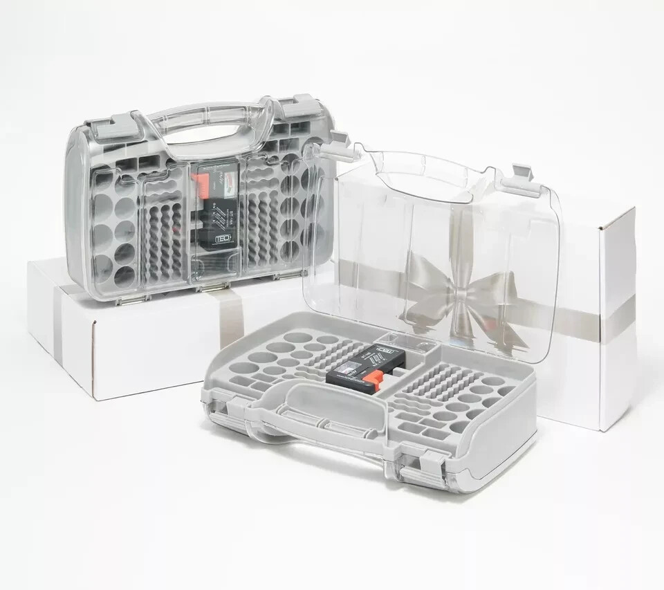 NEW W/ GIFT BOX SET OF 2 180 Deluxe Battery Organizer w/ Tester GRAY