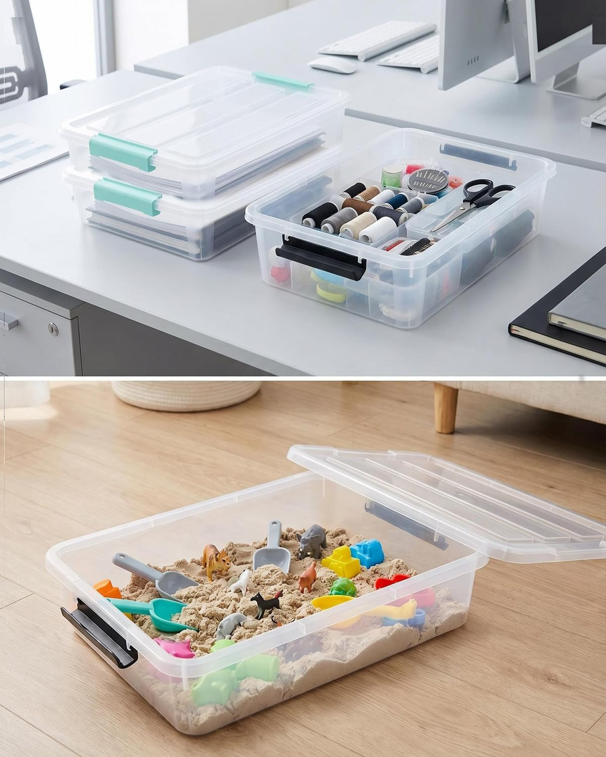 4 Pack Clear Storage Bins with Lids, A4 File Boxes, Green Latches | Craft Storag
