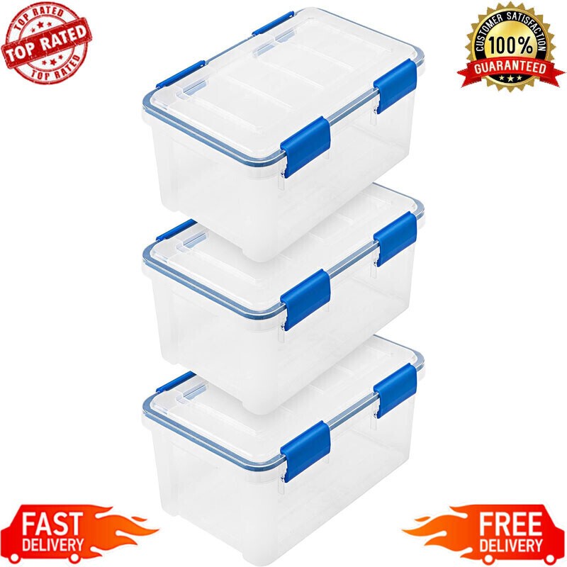 Heavy Duty Plastic Storage Bin Airtight Lid 3 Pack Basement Buckle Up Latching
