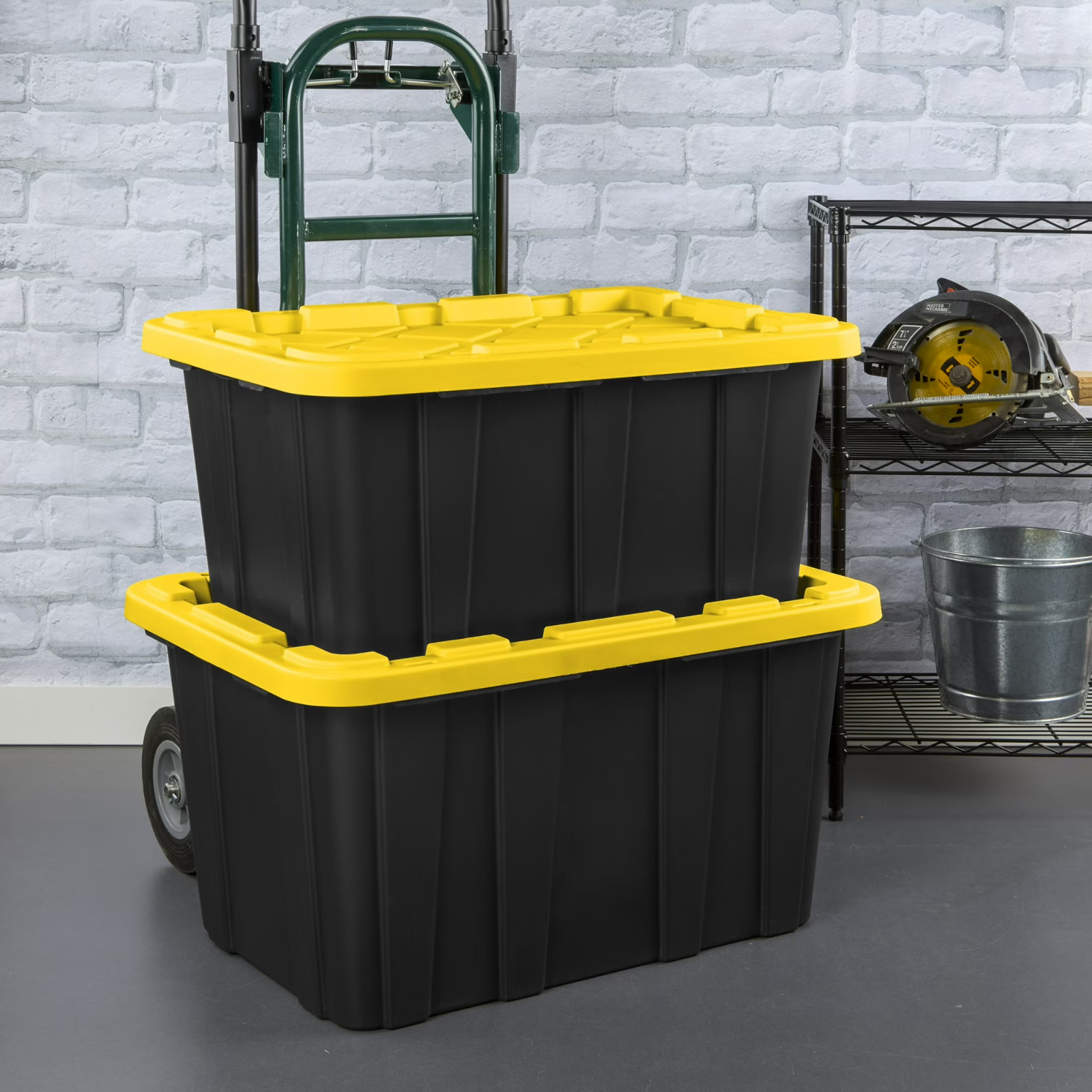 Sterilite Large Storage Bin, 27 Gallon with Snap-On Lid, Black/Yellow, 6 Pack
