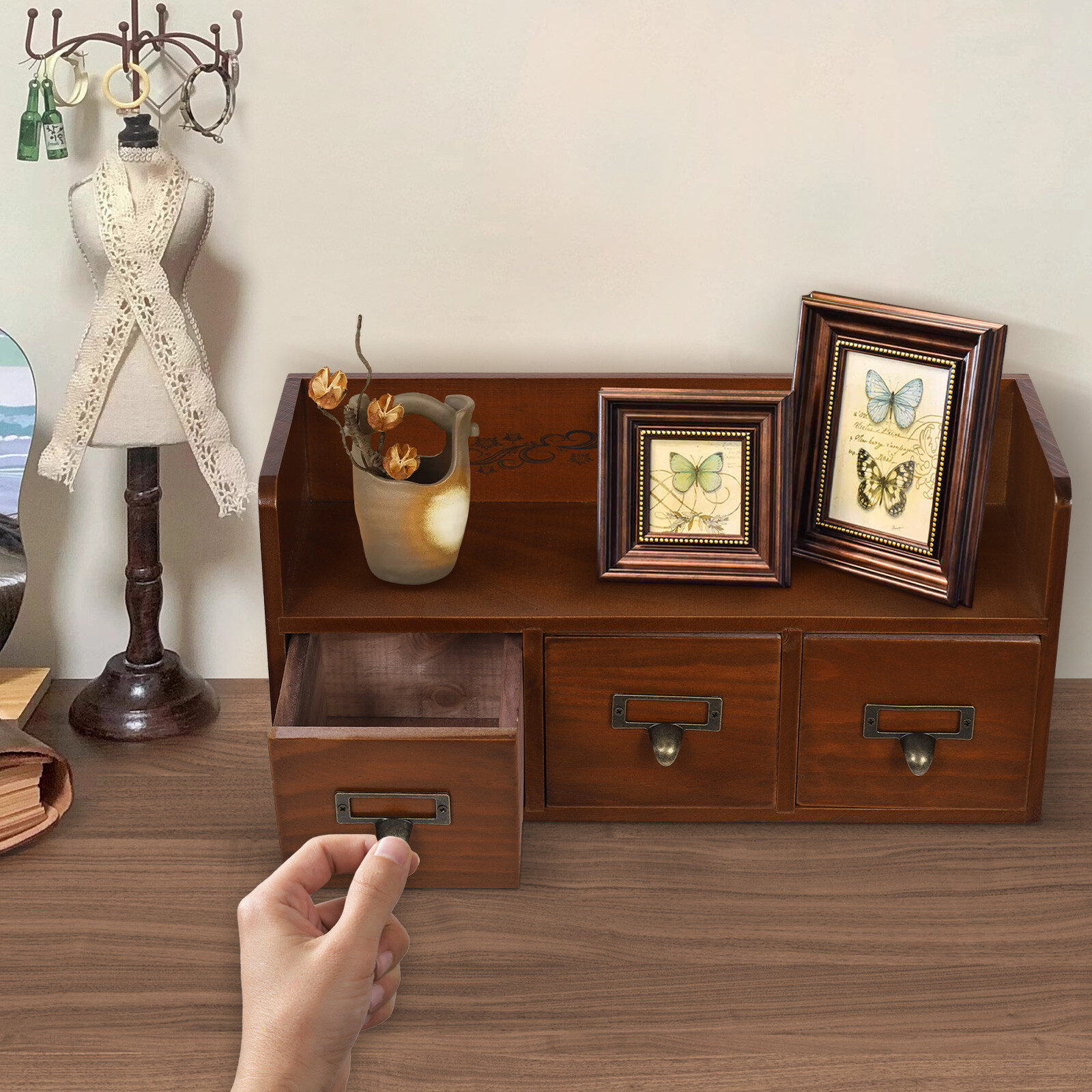 Vintage 3-Drawer Pine Wood Desktop Organizer for Cosmetics and Jewelry