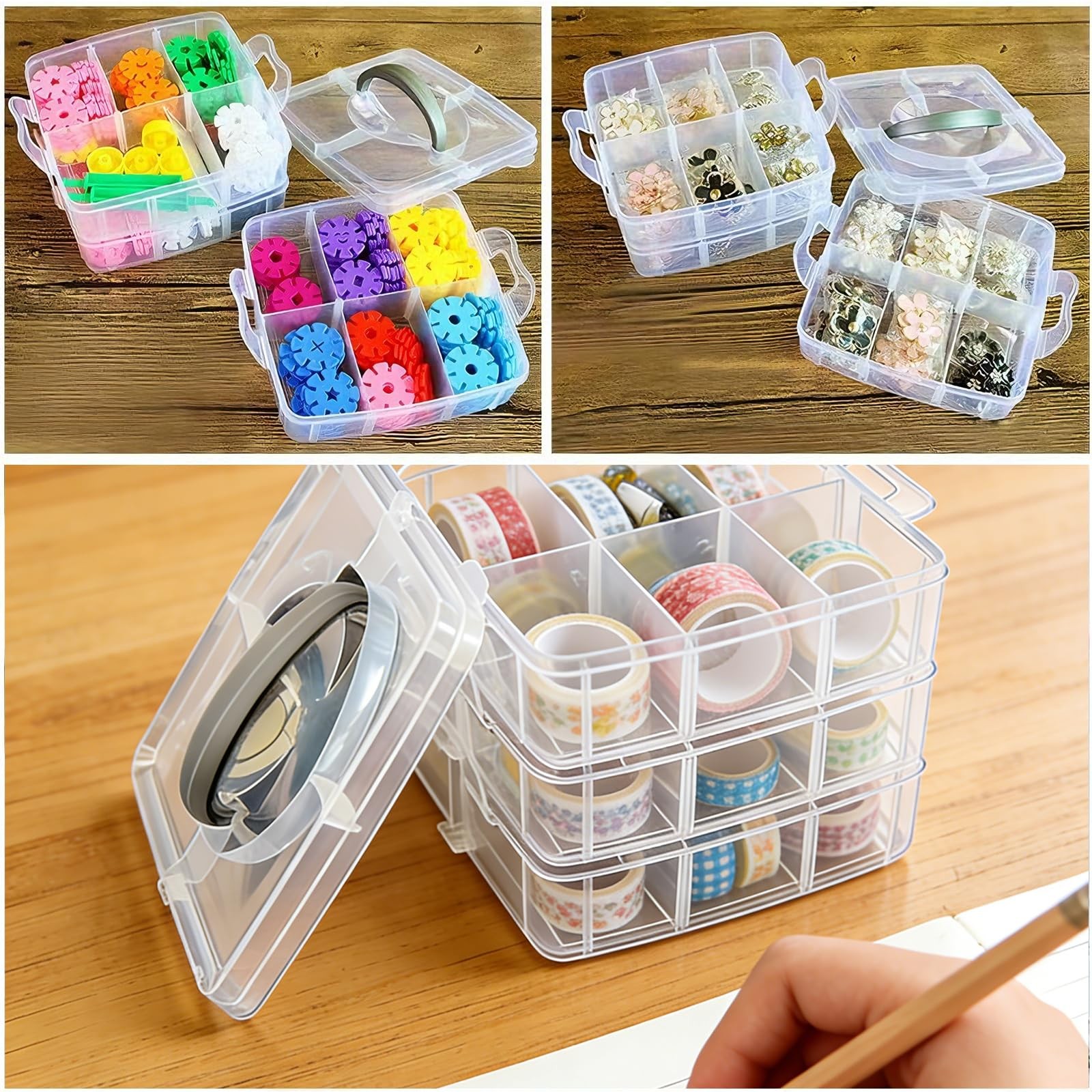 3-Tier Transparent Adjustable Stackable Compartment Slot Plastic Storage Box,…