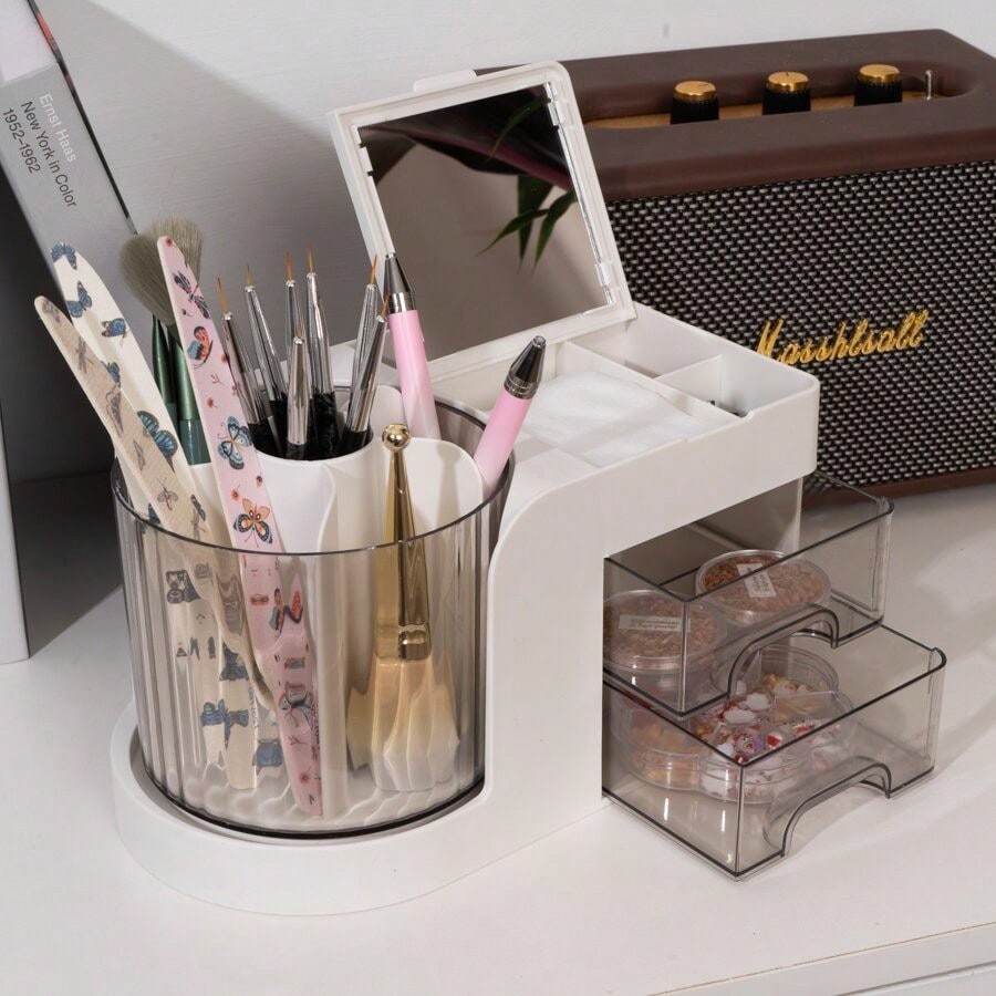 Rotating Nail Art Organizer With Built-In Mirror C White 1pcs