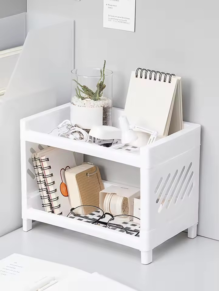 1pc Double-layer Desktop Storage Rack White Pp Organizer for Office & Cosmetics