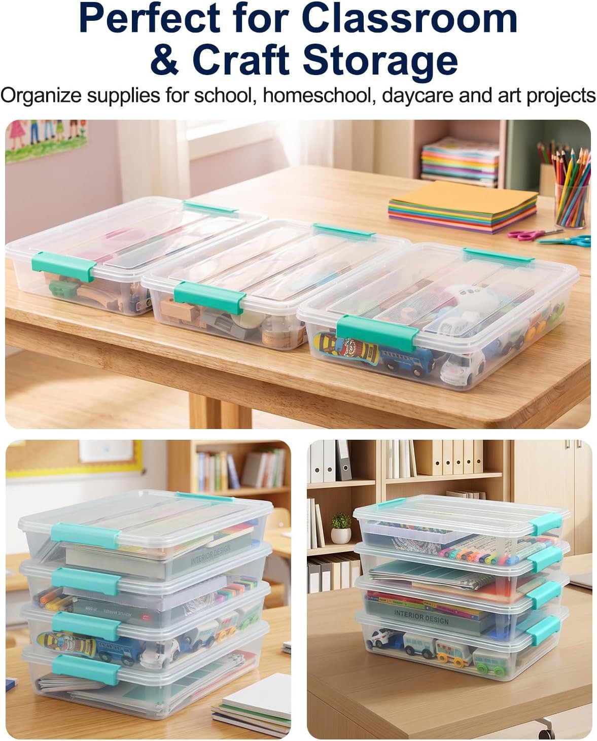 4 Pack Clear Storage Bins with Lids, A4 File Boxes, Green Latches | Craft Storag