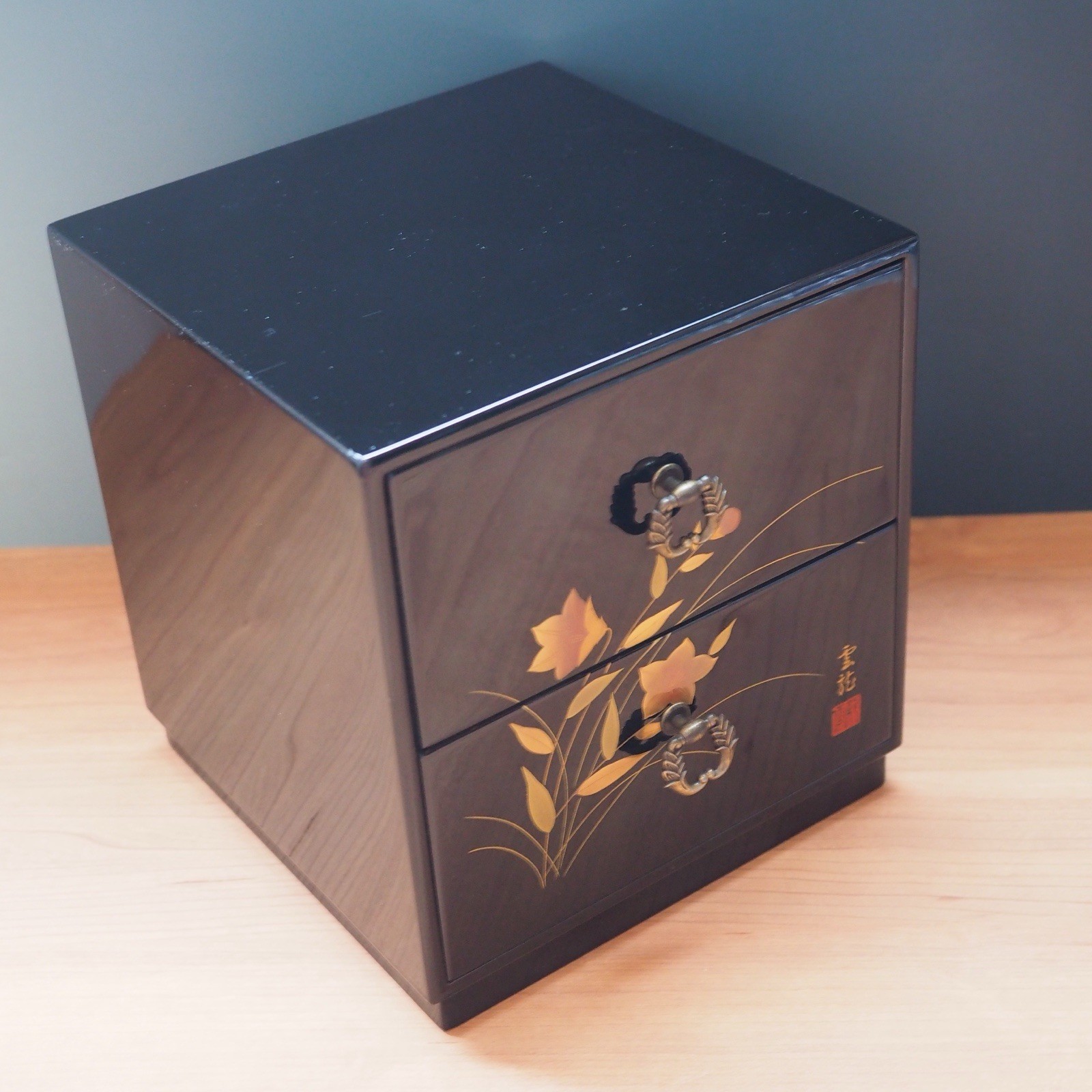 Japanese Shikkou Lacquer Mini Chest Tansu Drawer Gold Flower Floral Jewelry Case