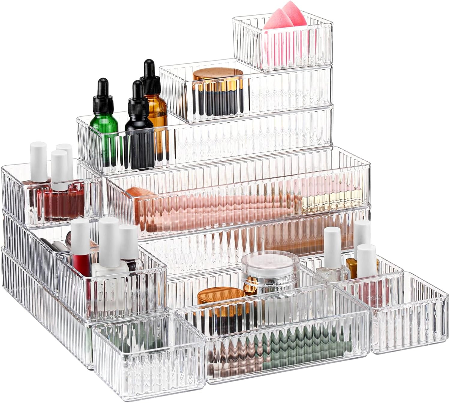 18 Pcs Clear Drawer Organizer Stackable 4 Size Clear Makeup Drawer Organizer Tra
