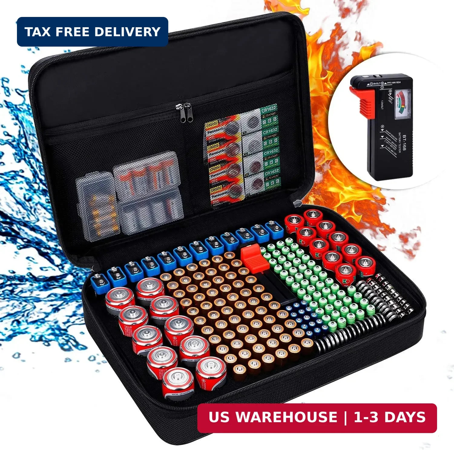 Battery Organizer, Fireproof Battery Organizer Storage Case with Tester (BT168),