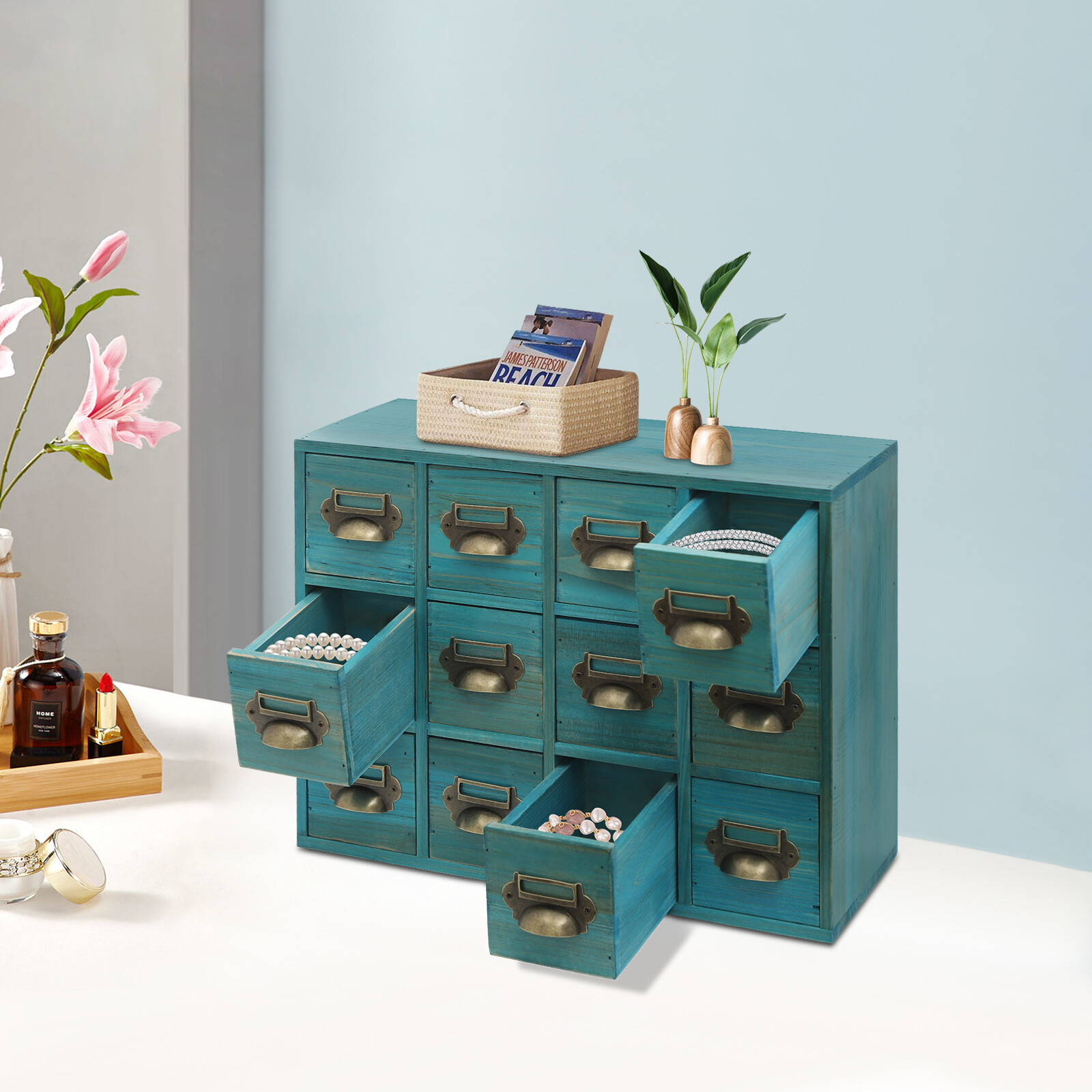12 Drawers Wooden Blue Cabinet Desktop Storage Organizer of Cabinet Bedroom