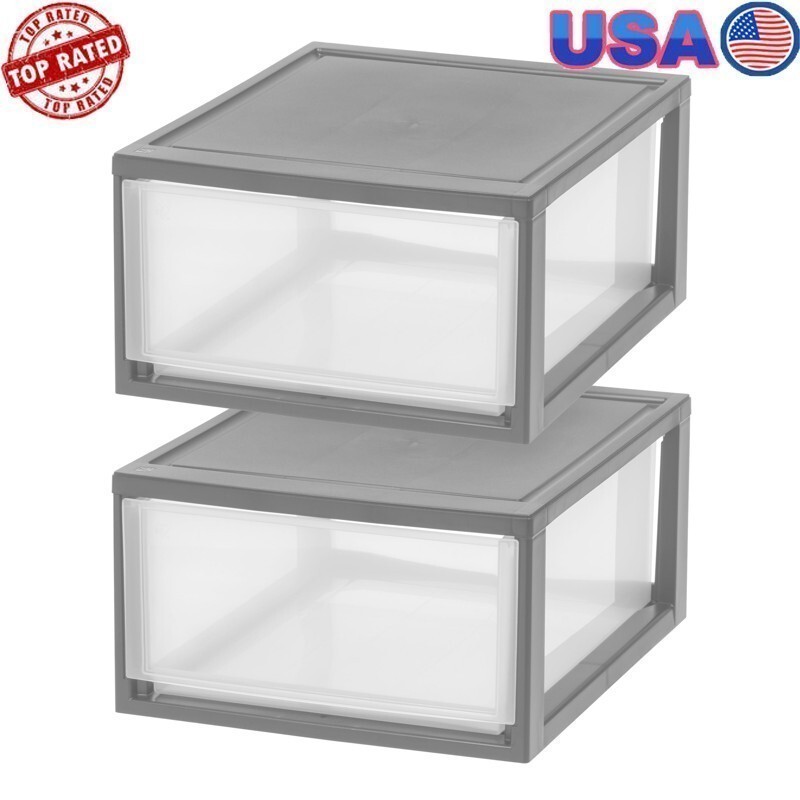 Large Plastic Stackable Storage Drawers 2pck 30qt Gray Clear 19.19&Prime;X15.75&Prime;X9.88&Prime;