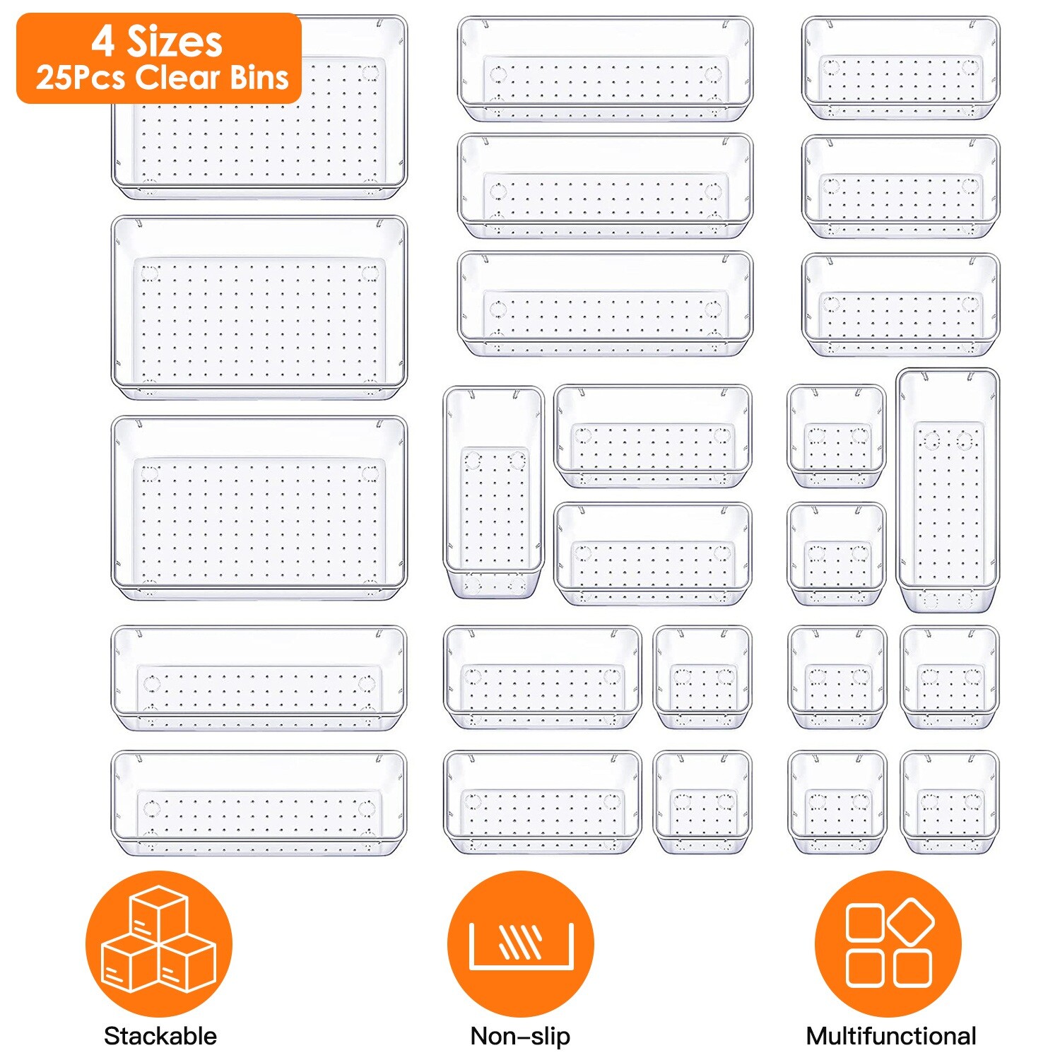 25PCS Clear Plastic Drawer Organizer Set Makeup Jewelry Kitchen Bedroom Office