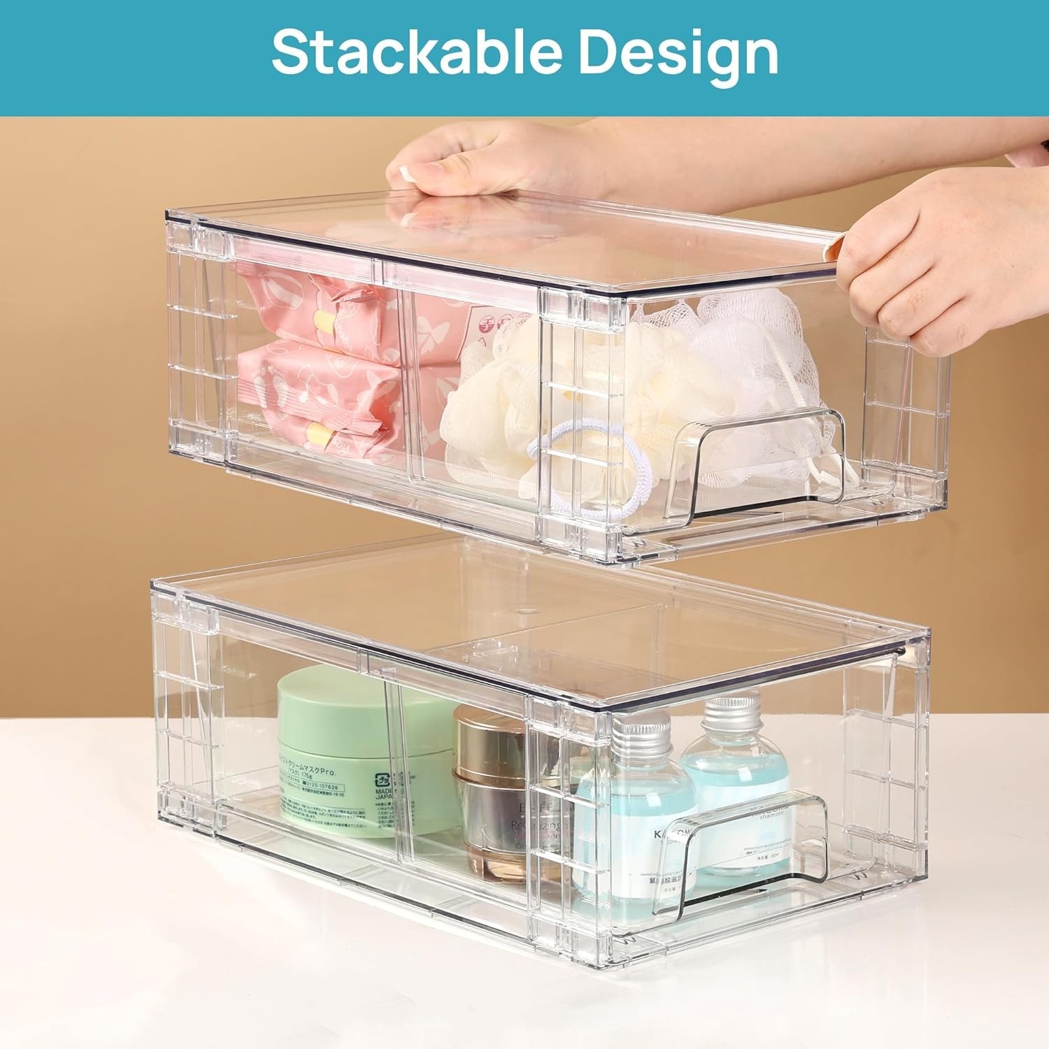 Elegant Stackable Storage Bins – Multi-Purpose Clear Drawer Organizers Set of 4