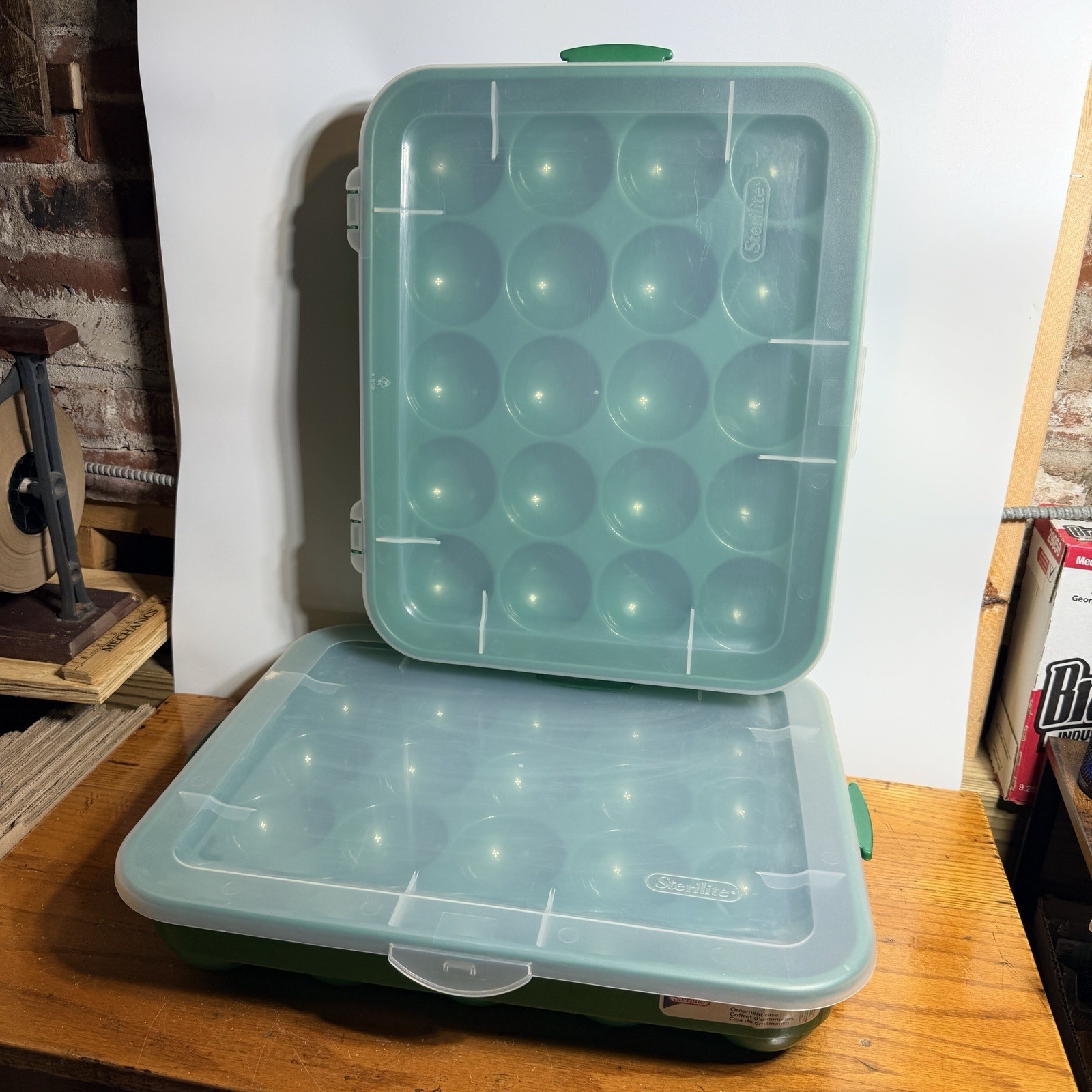 2 Green Sterilite Ornament Storage Box Case 20 Piece Hinged Lid Snap Closure 20&Prime;