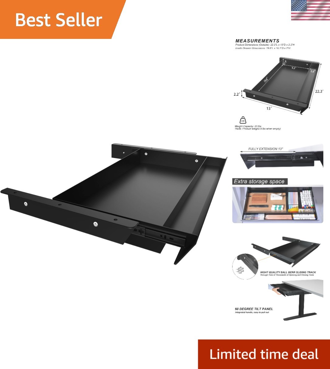 Durable Under Desk Sliding Drawer with Integrated Pencil Tray – 60° Tilt Design