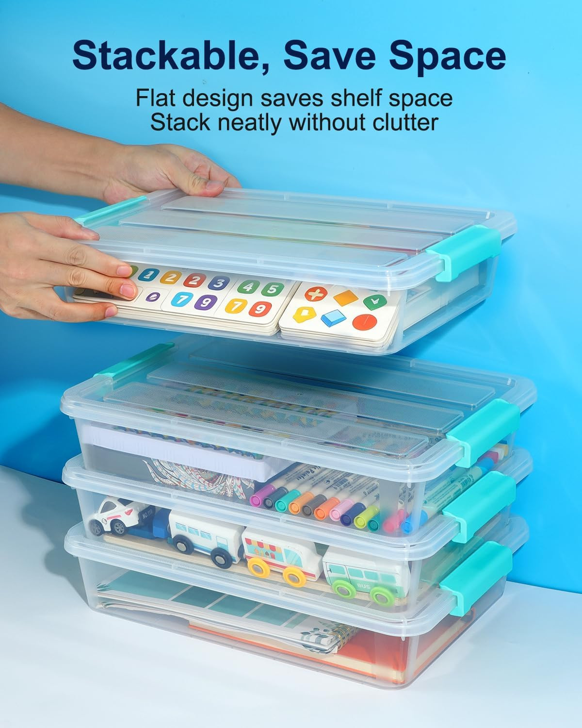 4 Pack Clear Storage Bins with Lids, A4 File Boxes, Green Latches | Craft Storag