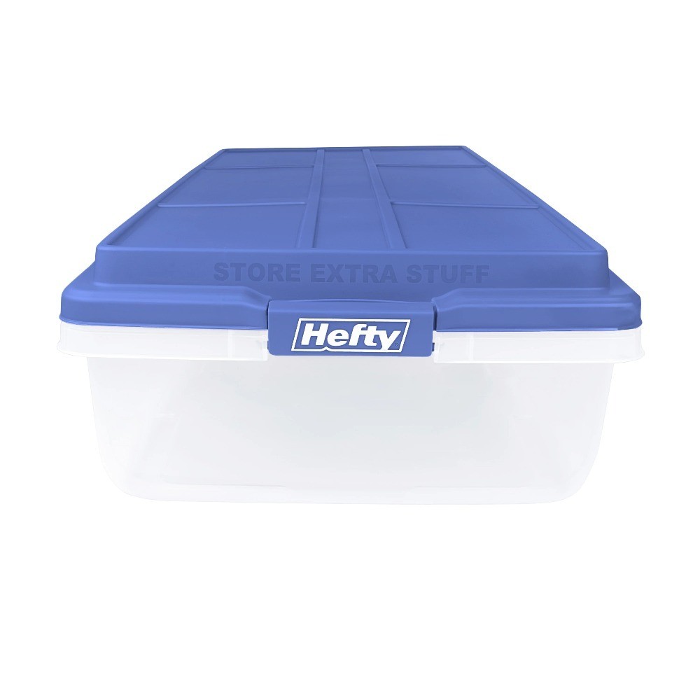 Large Latching Storage Bin with Blue HI-RISE Lid, 63 Quart Clear Plastic Storage