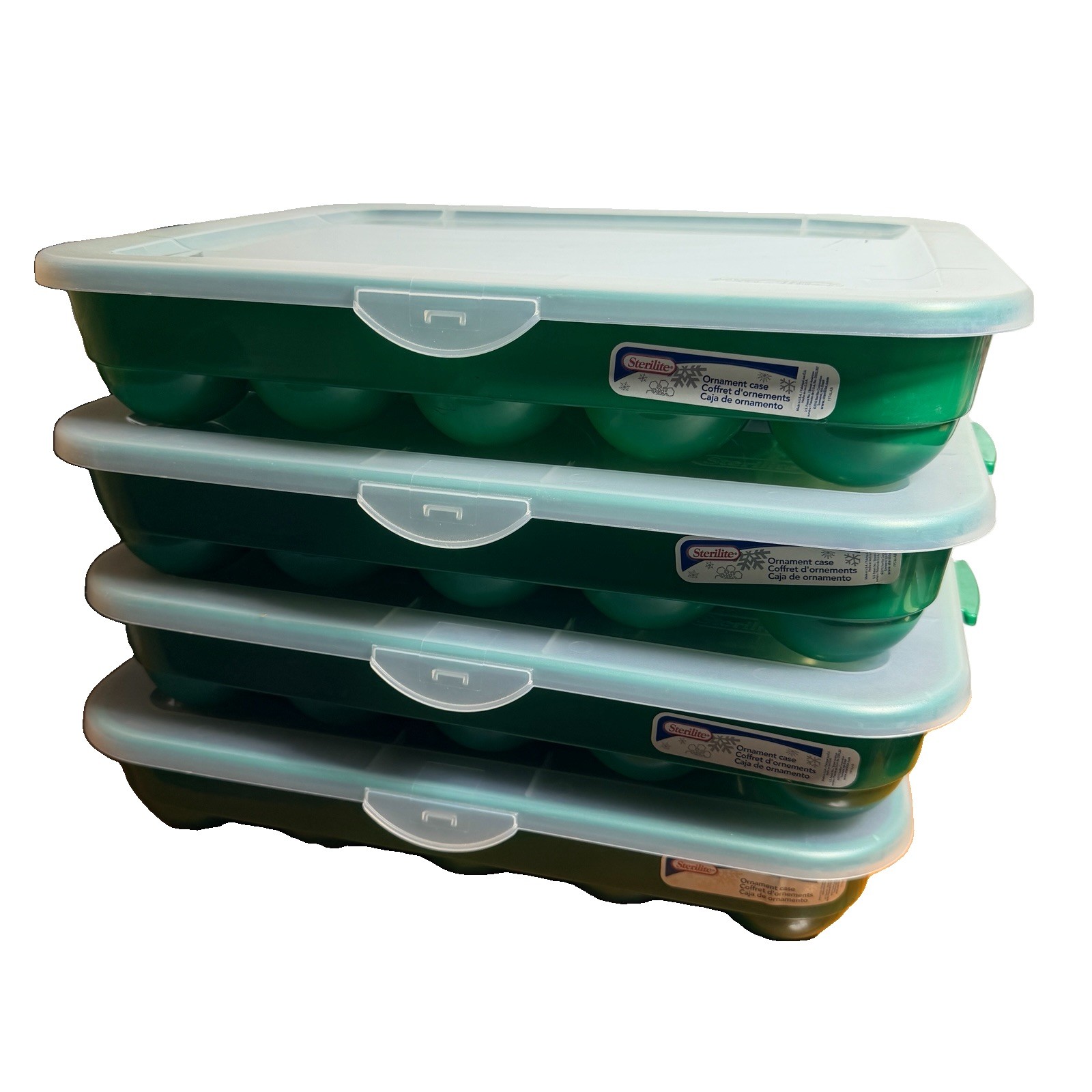 4 Green Sterilite Ornament Storage Box Case 20 Piece Hinged Lid Snap Closure 20&Prime;