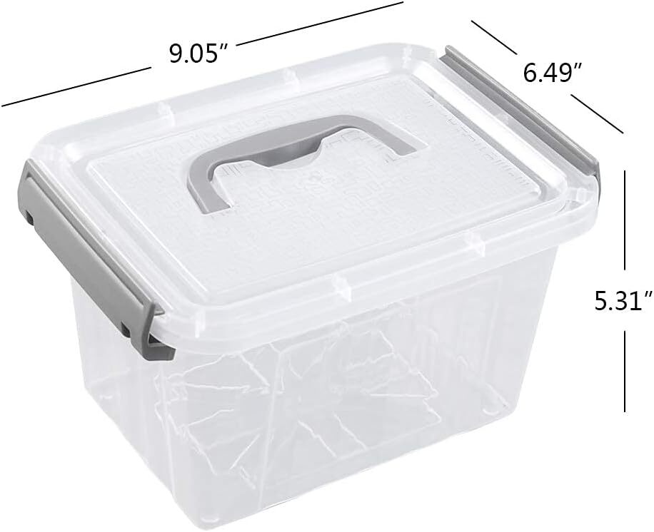 Set of 6 Plastic Storage Containers, Small Latching Box Grey handle
