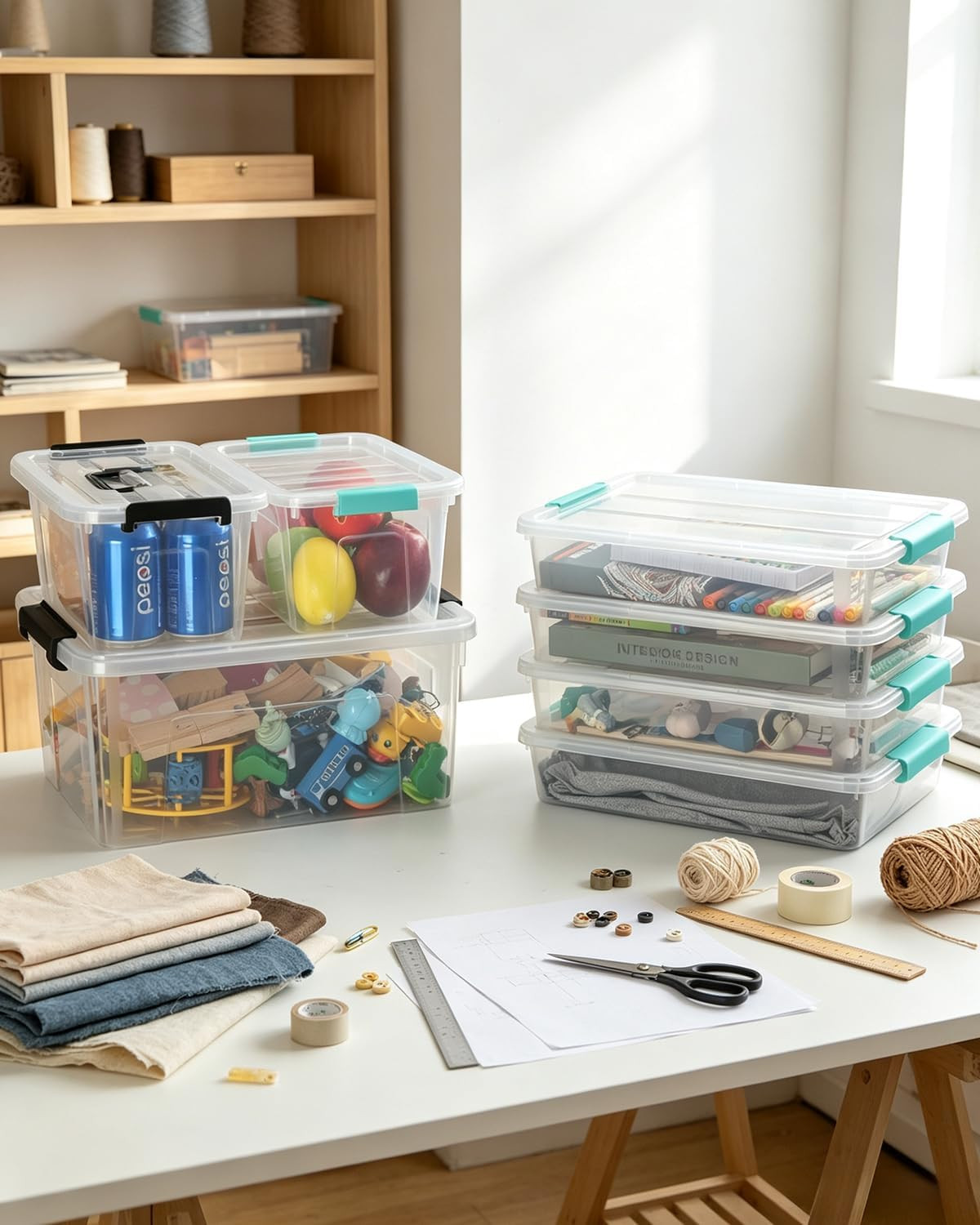4 Pack Clear Storage Bins with Lids, A4 File Boxes, Green Latches | Craft Storag