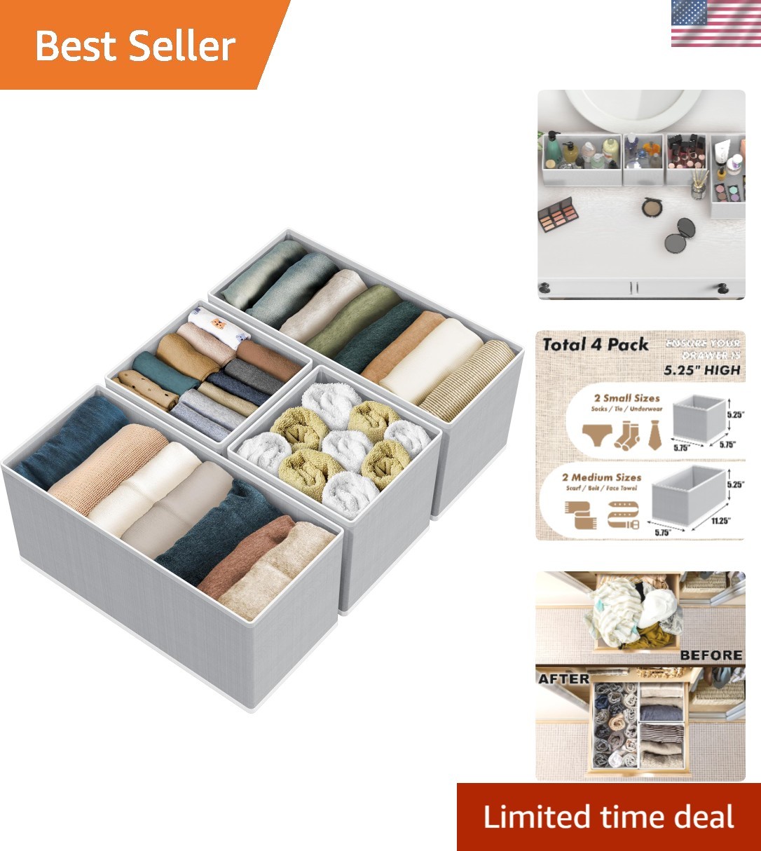 Stylish Gray 4-Compartment Underwear Organizer – Collapsible and Space-Saving