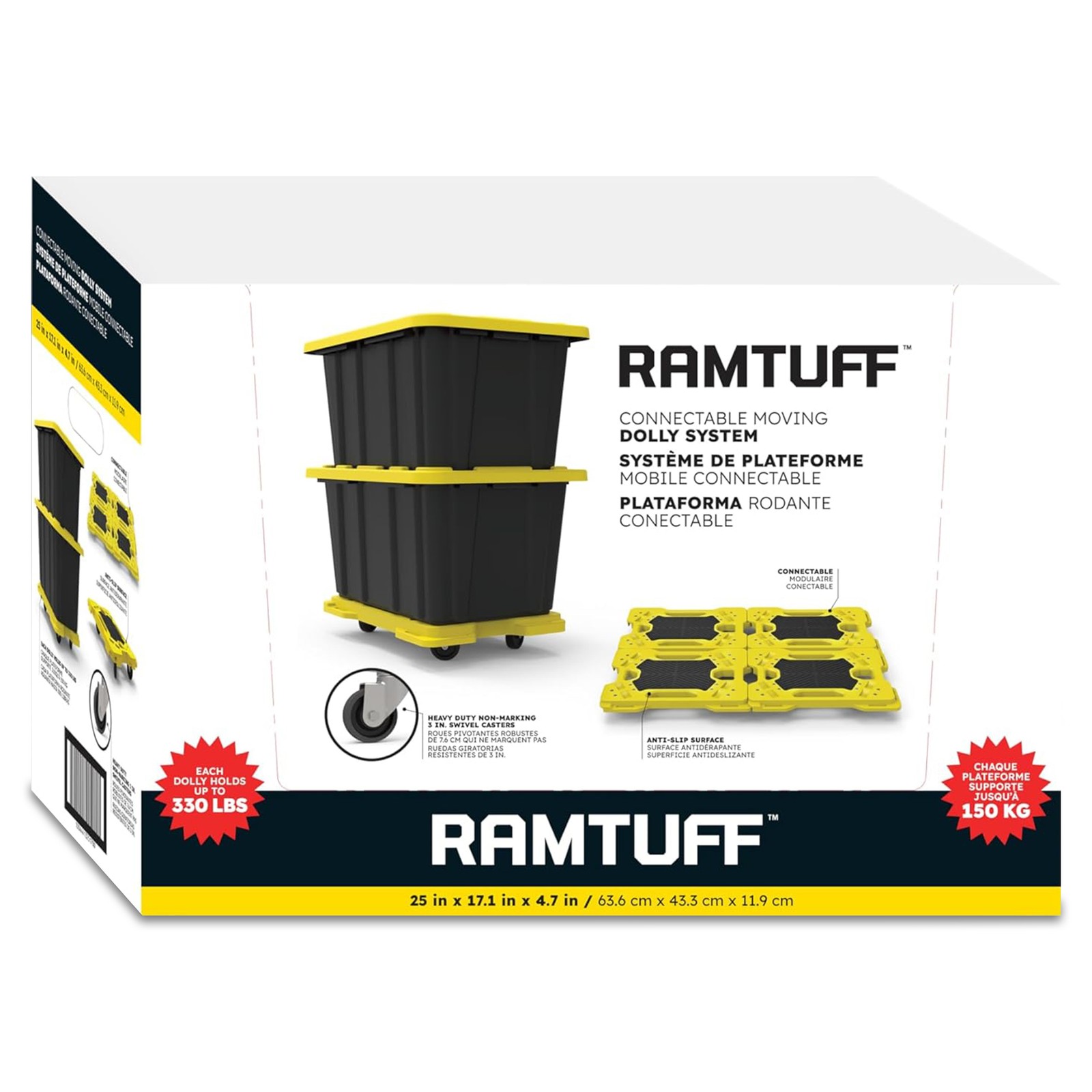 Ramtuff 4 Pack Stackable Storage Container and 4 Pack Connectable Moving Dolly