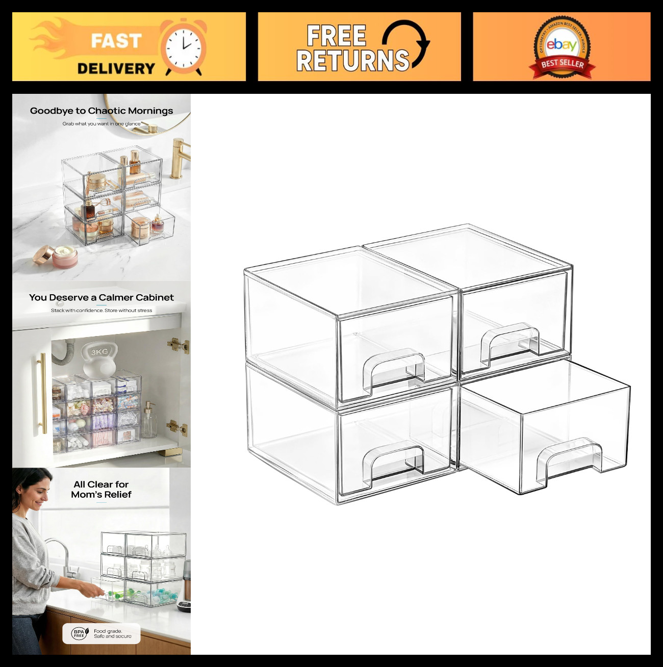 4 Pack Clear Stackable Storage Drawers – Desk, Bathroom, Makeup Organizer Bins
