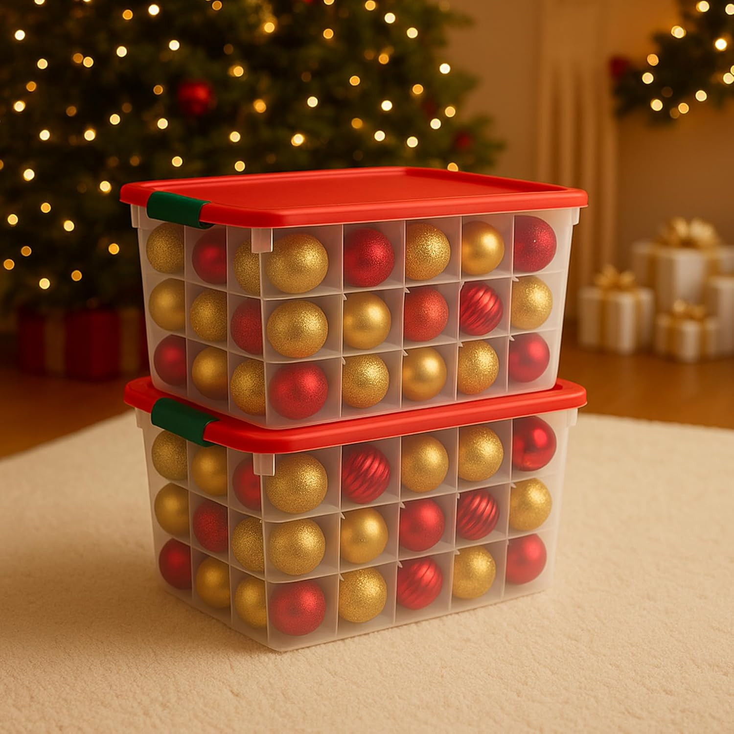 2-Pack Holiday Tote, Clear Plastic Storage Bins W/Lids & Dividers, 112 Quart, Re