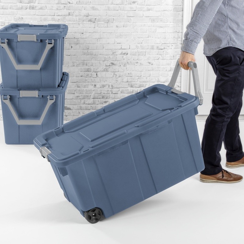 40 Gallon Wheeled Industrial Tote Rugged Plastic Storage Bin Latch Lid 2 Count