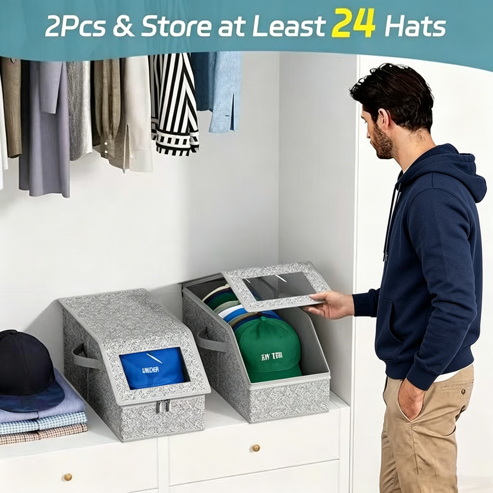 2 Pack Stackable Lidded Storage Boxes –Organizer for Underwear, Hats,Toys & More