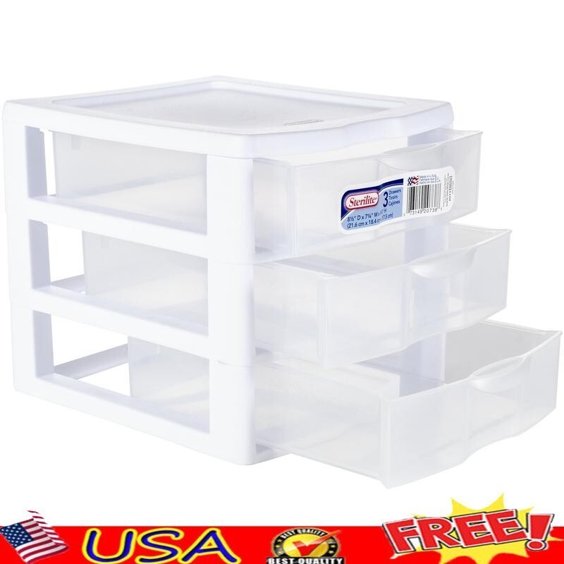 Small 3 Drawer Desktop Unit Sterilite Clear Stacking Storage Office Home Durable