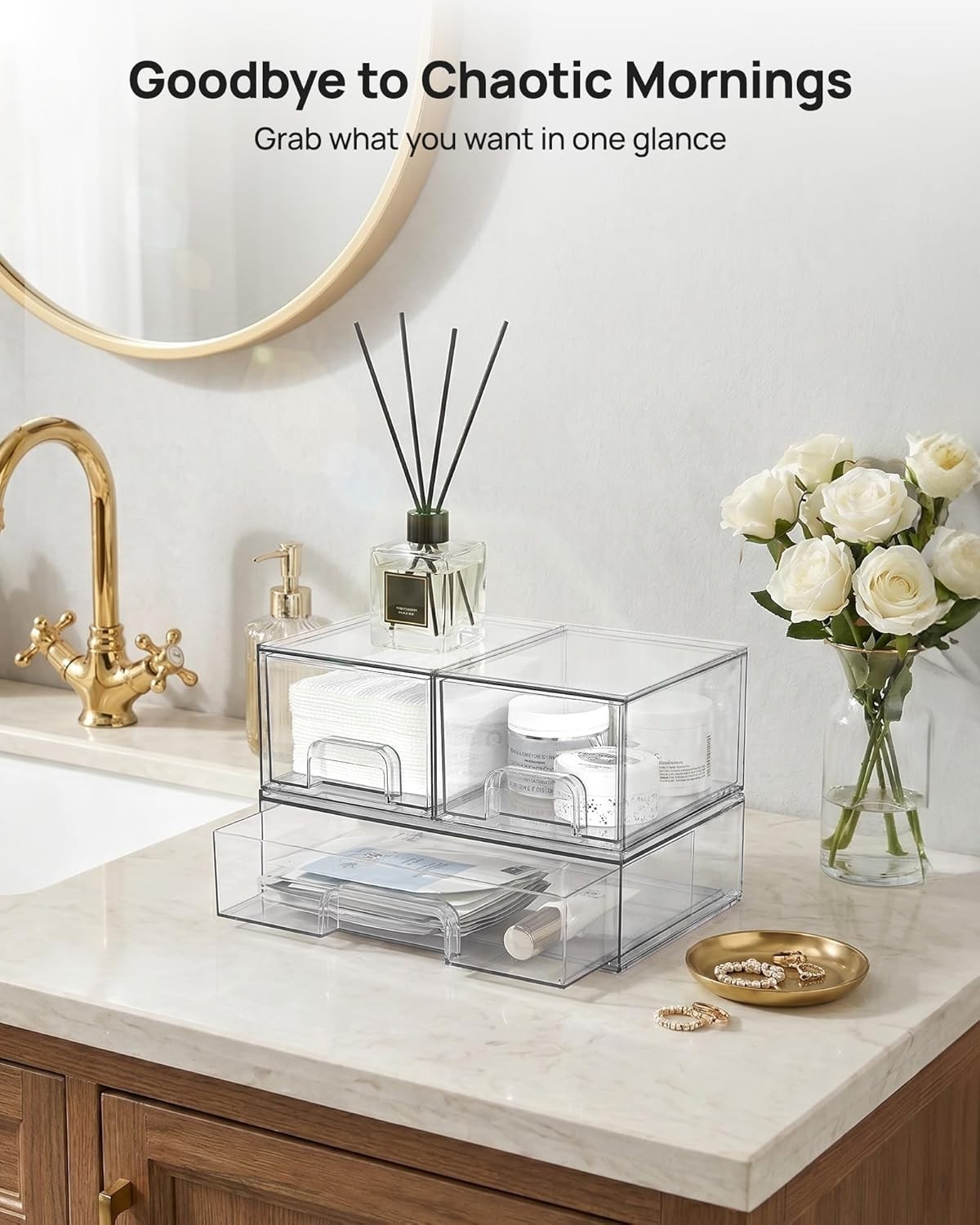Stackable Storage Drawers 3 Count Clear Plastic Organizers for Beauty Supplies