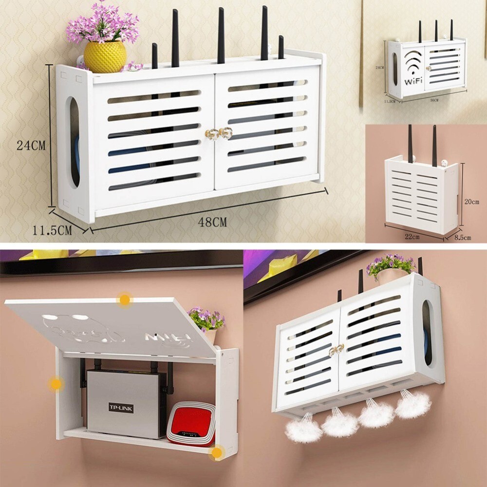White Wifi Router Rack Box Shelf Storage Wall Mounted Wireless Bracket Cable