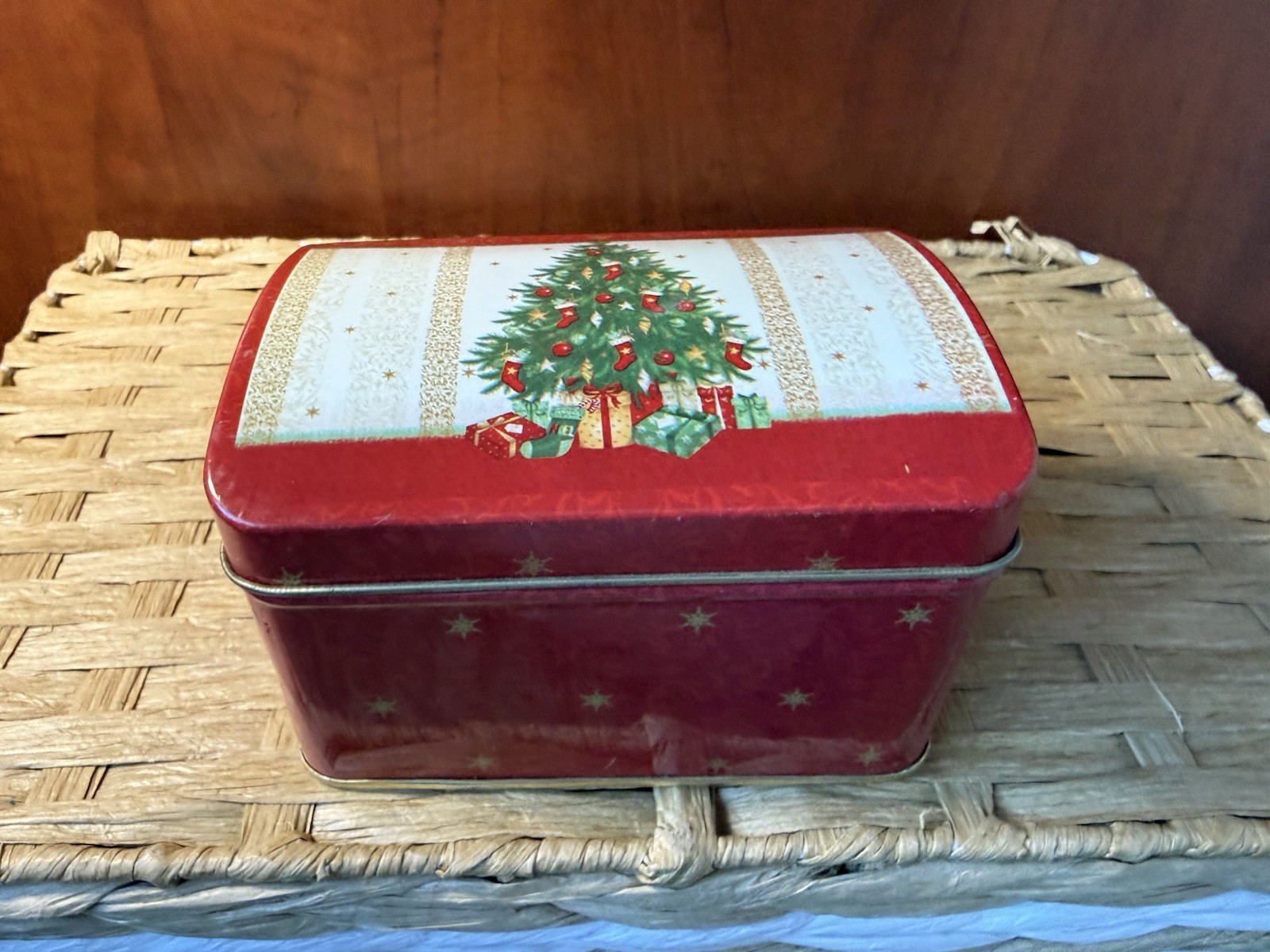 Vintage Holiday Christmas Tree Tin Box Trinket Storage Container