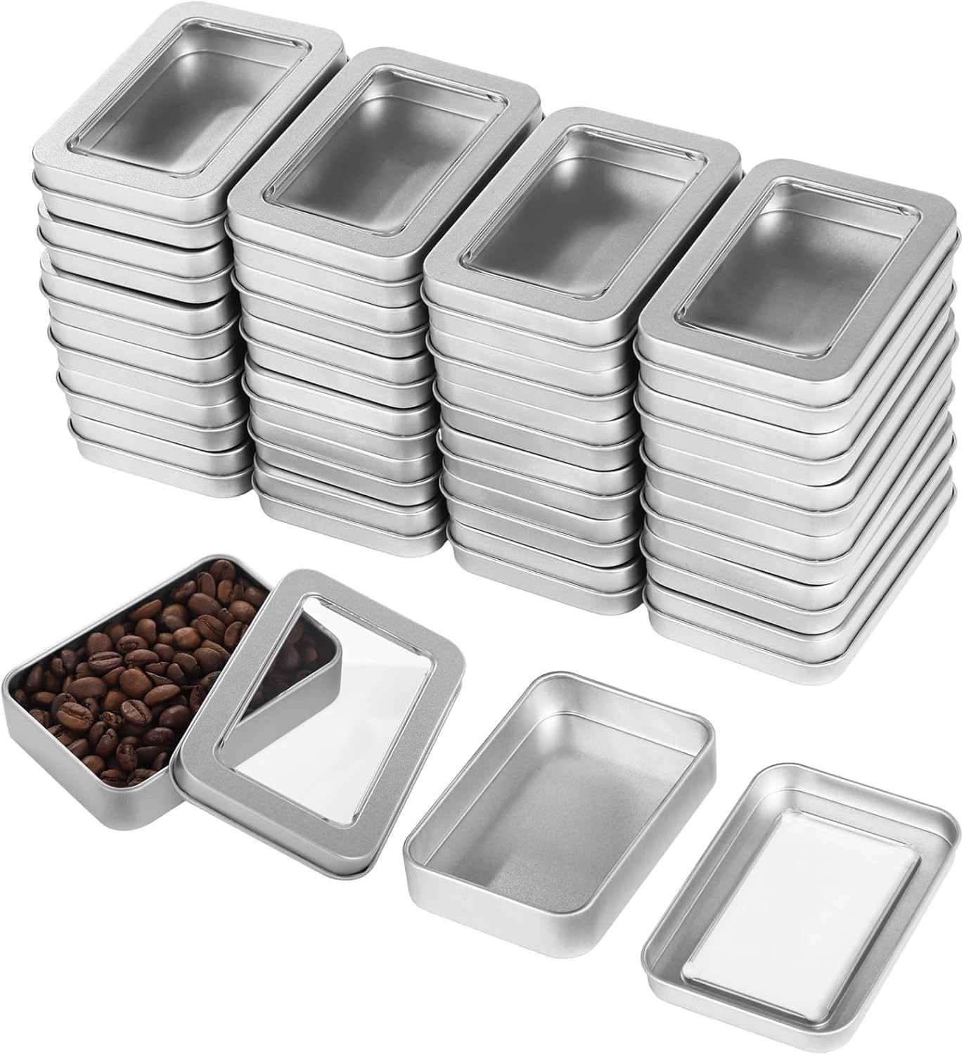 48 PCS Rectangular Metal Tin Boxes with Clear Lid for Jewelry & Crafts
