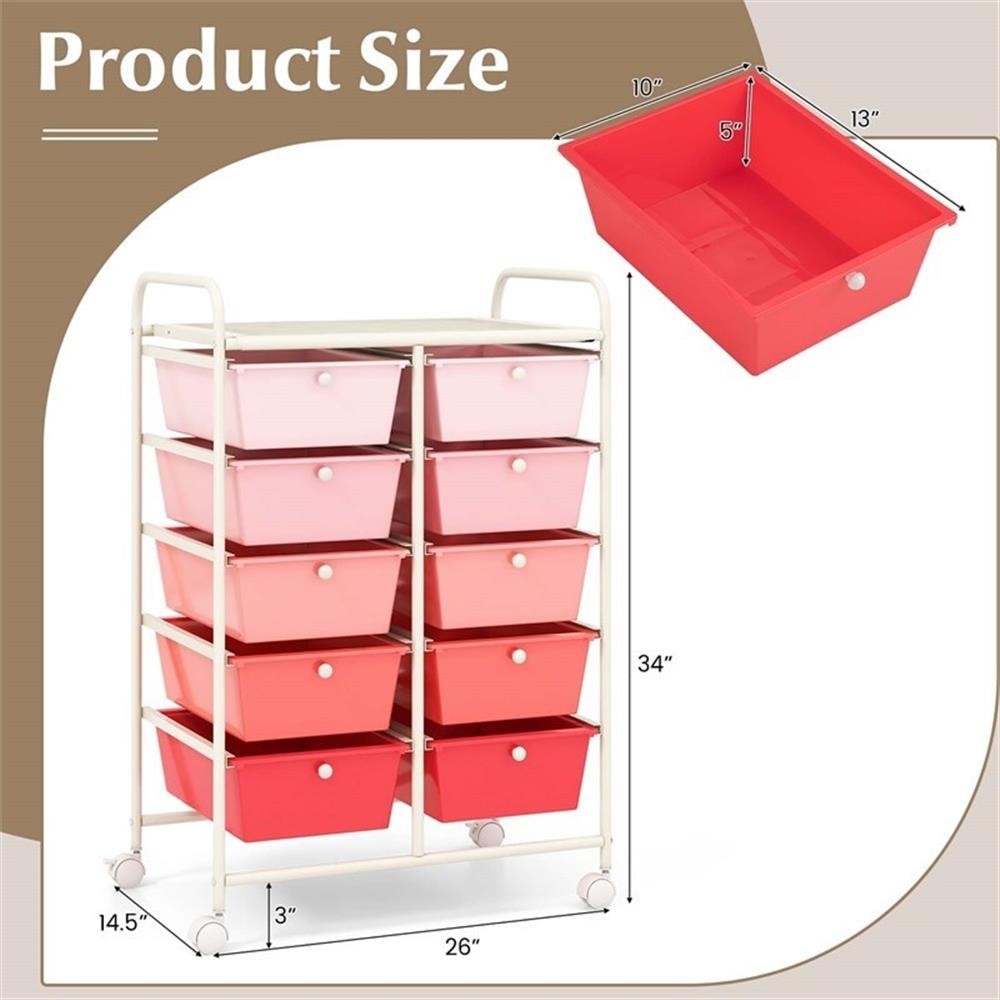 Pemberly Row 10-Drawer Storage Cart Utility Rolling Trolley in Pink