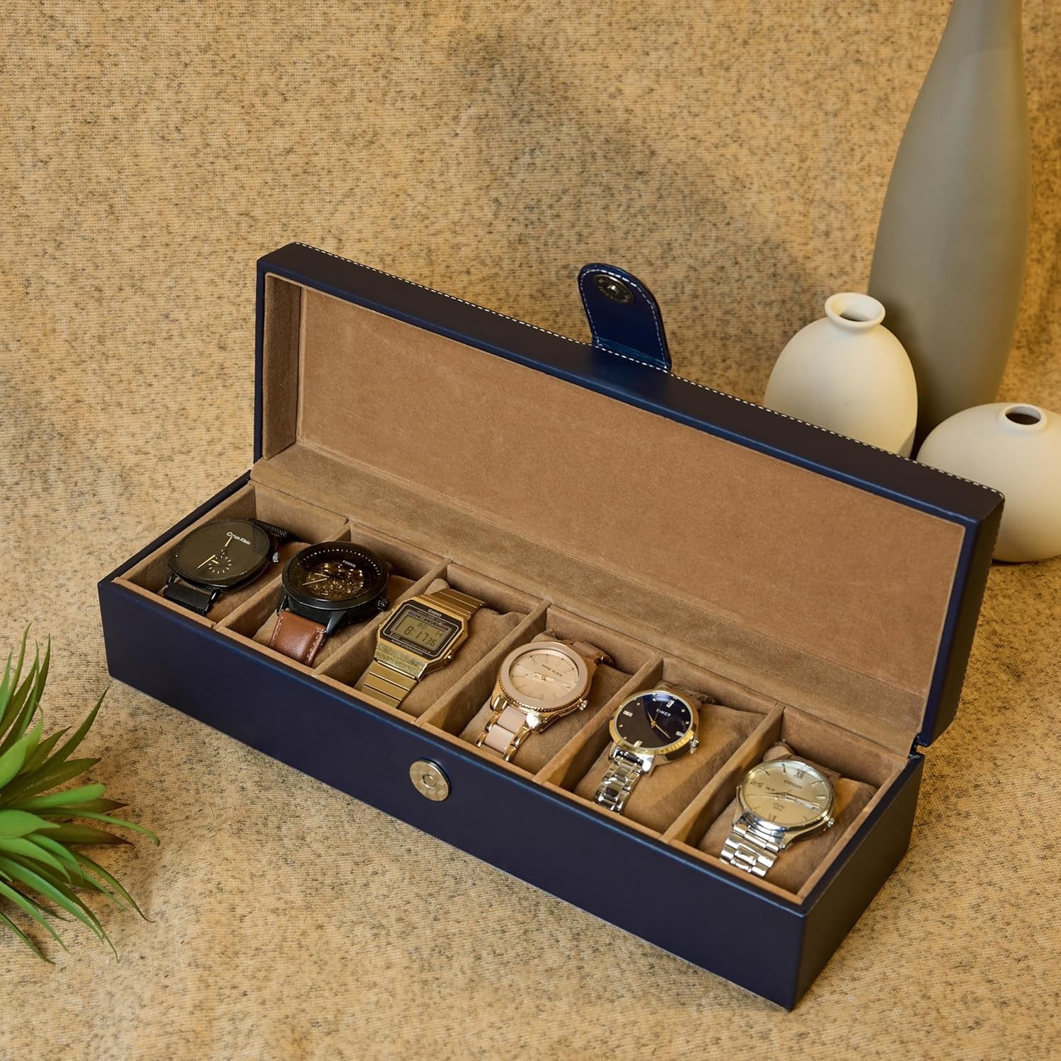 Watch Box Organizer Case with 6 Slots – Velvet Interior, Unisex Storage Display