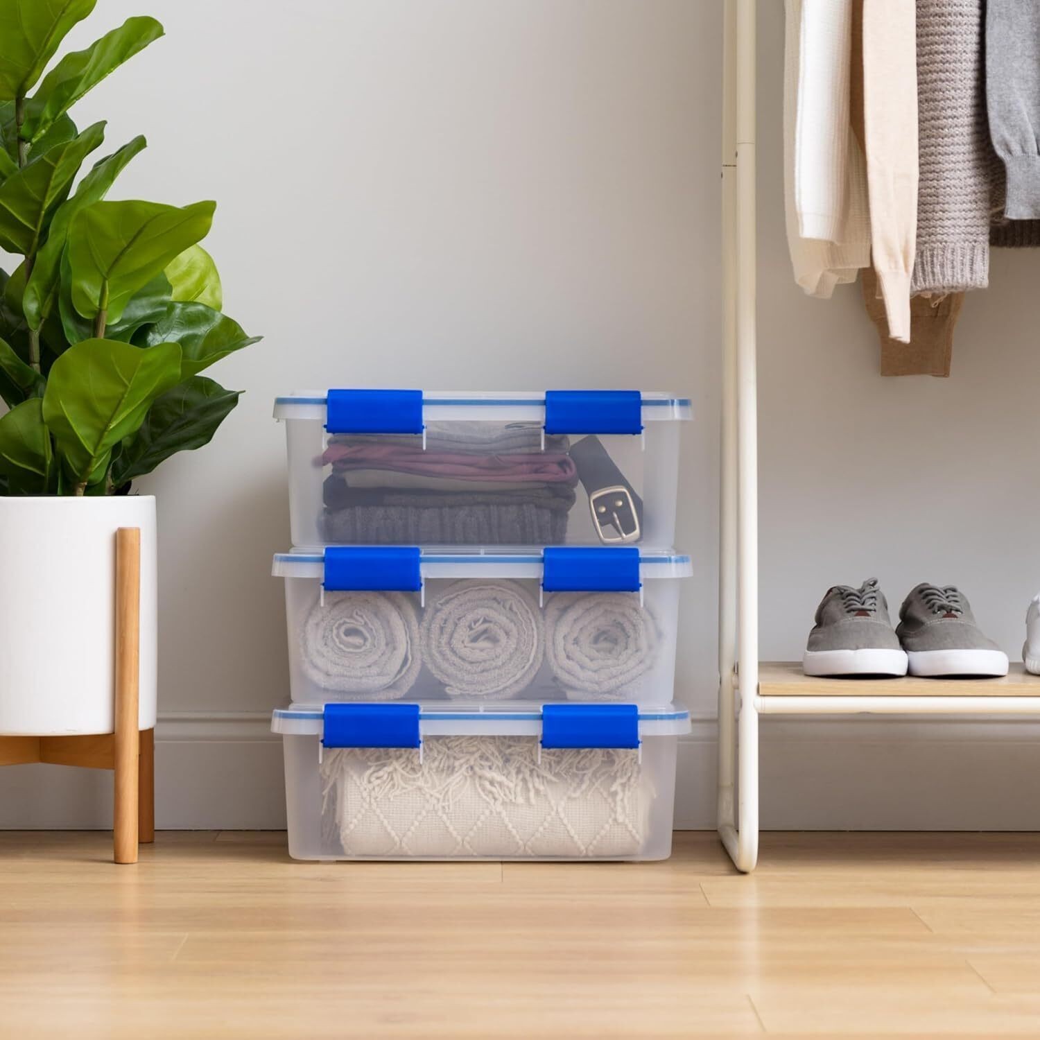 Heavy Duty Plastic Storage Bin Airtight Lid 3 Pack Basement Buckle Up Latching
